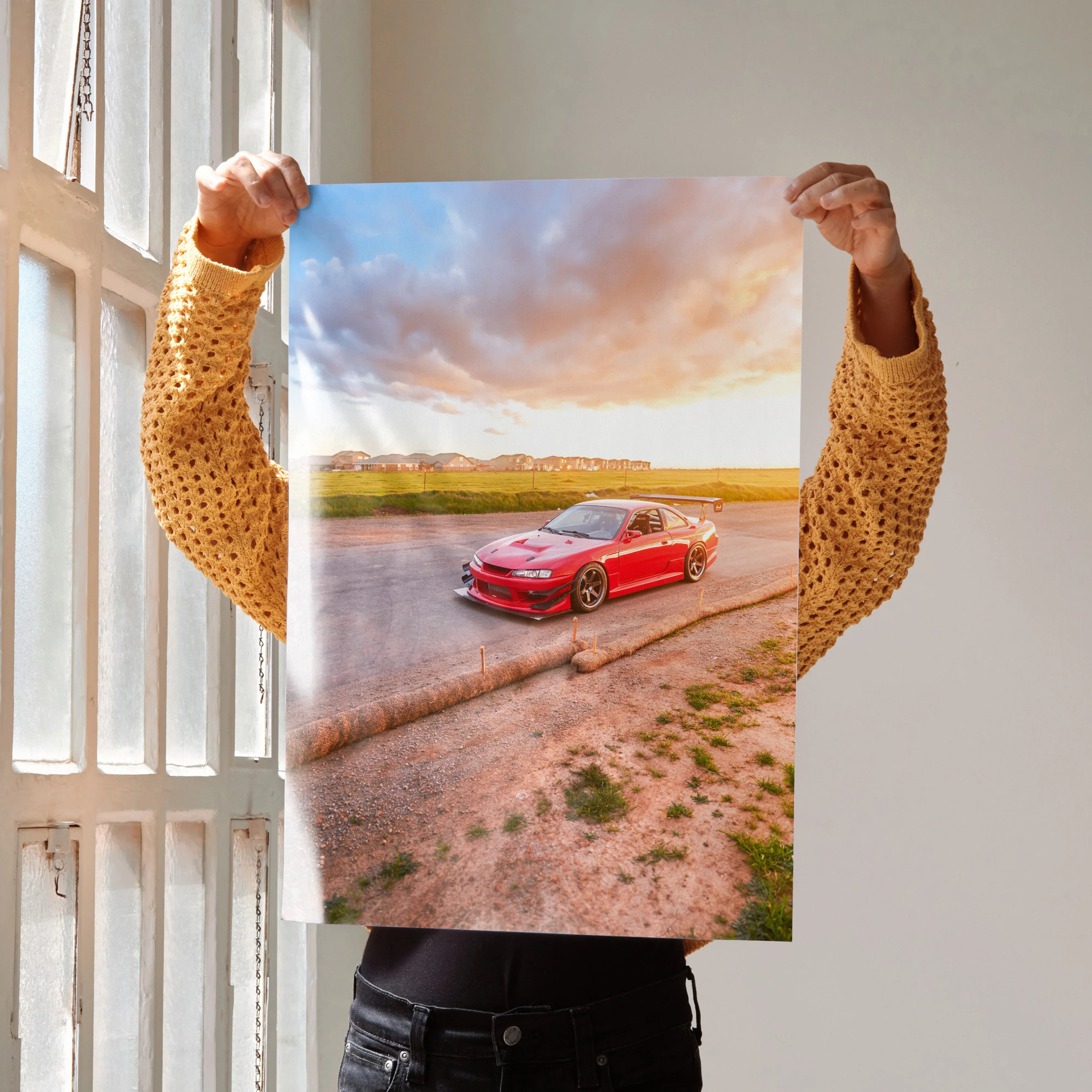 Red Nissan 240sx S14 Kouki car on dirt road at sunset poster wall art.