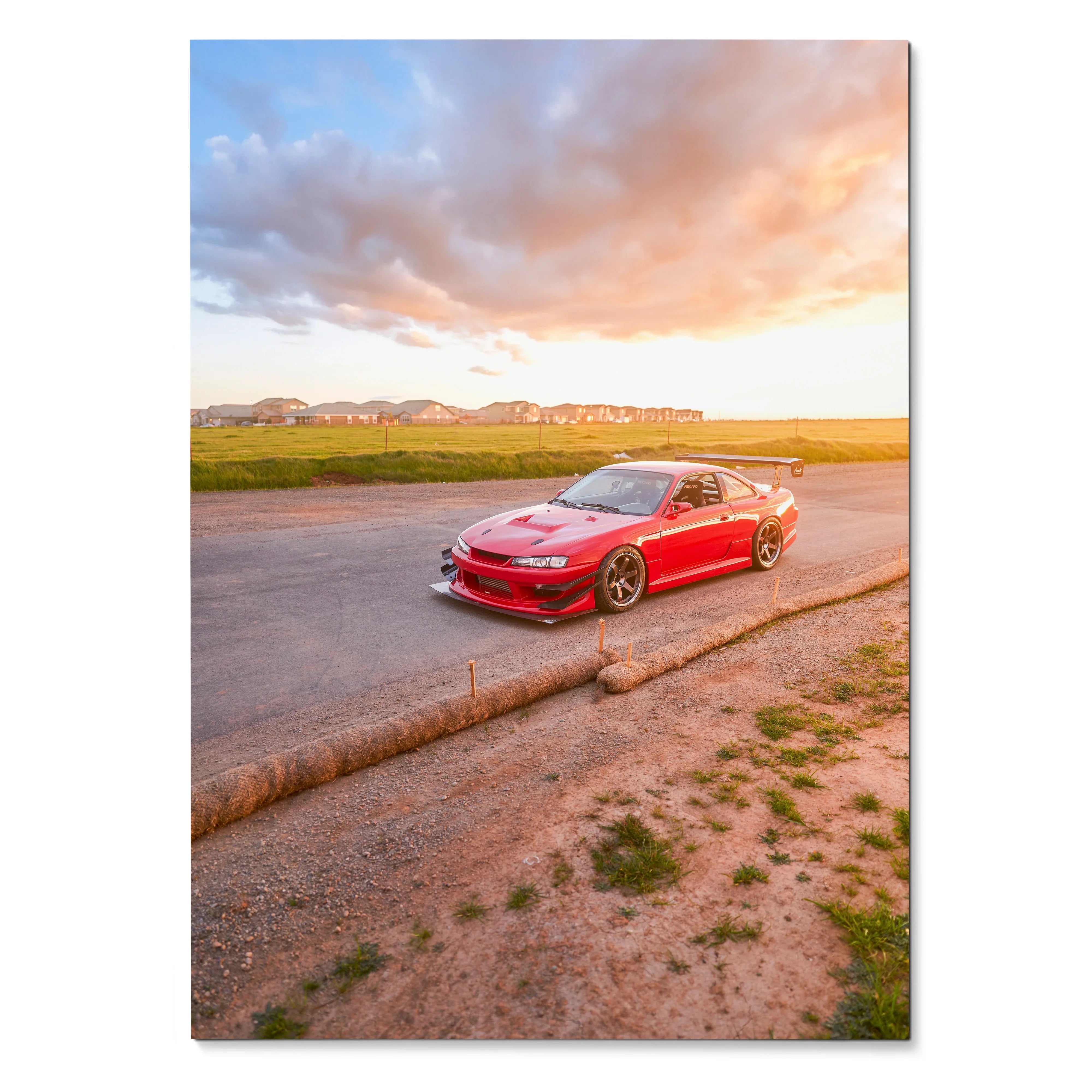 Red Nissan 240sx S14 Kouki on road at sunset with dramatic sky poster wall art.