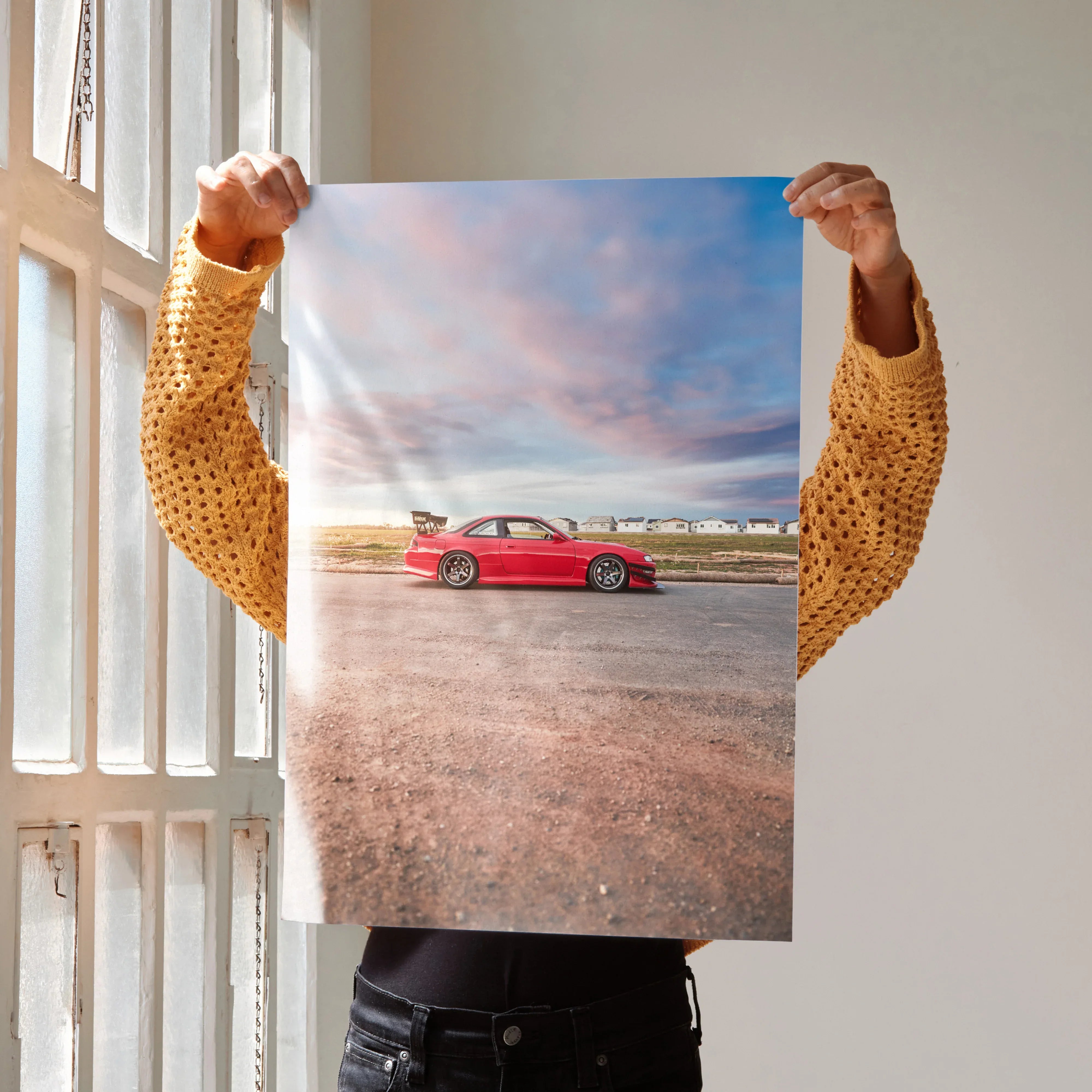 Nissan 240sx S14 Kouki red sports car poster wall art with sunset sky background.