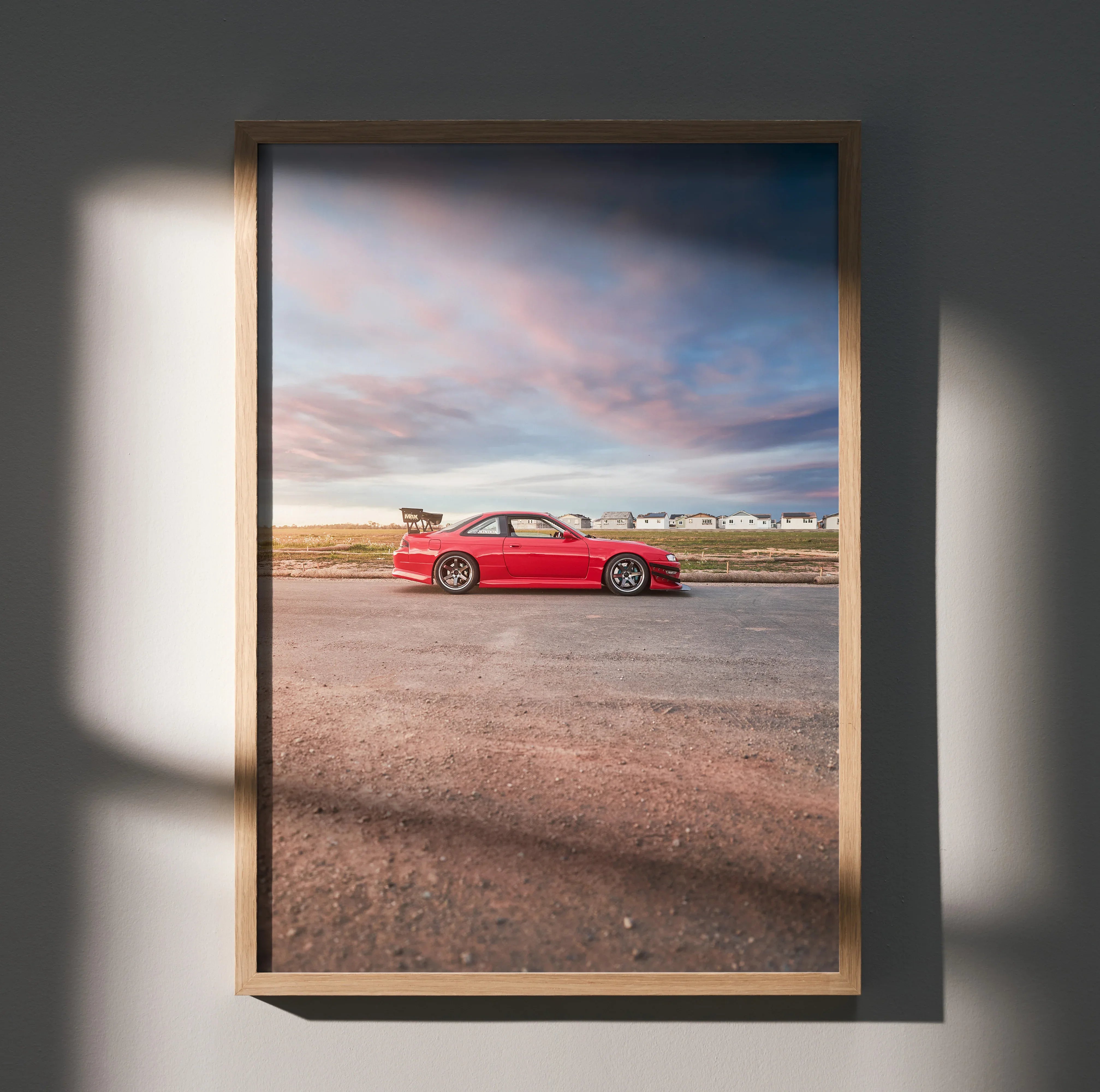 Red Nissan 240sx S14 Kouki car poster with sunset sky, wall art in wooden frame.