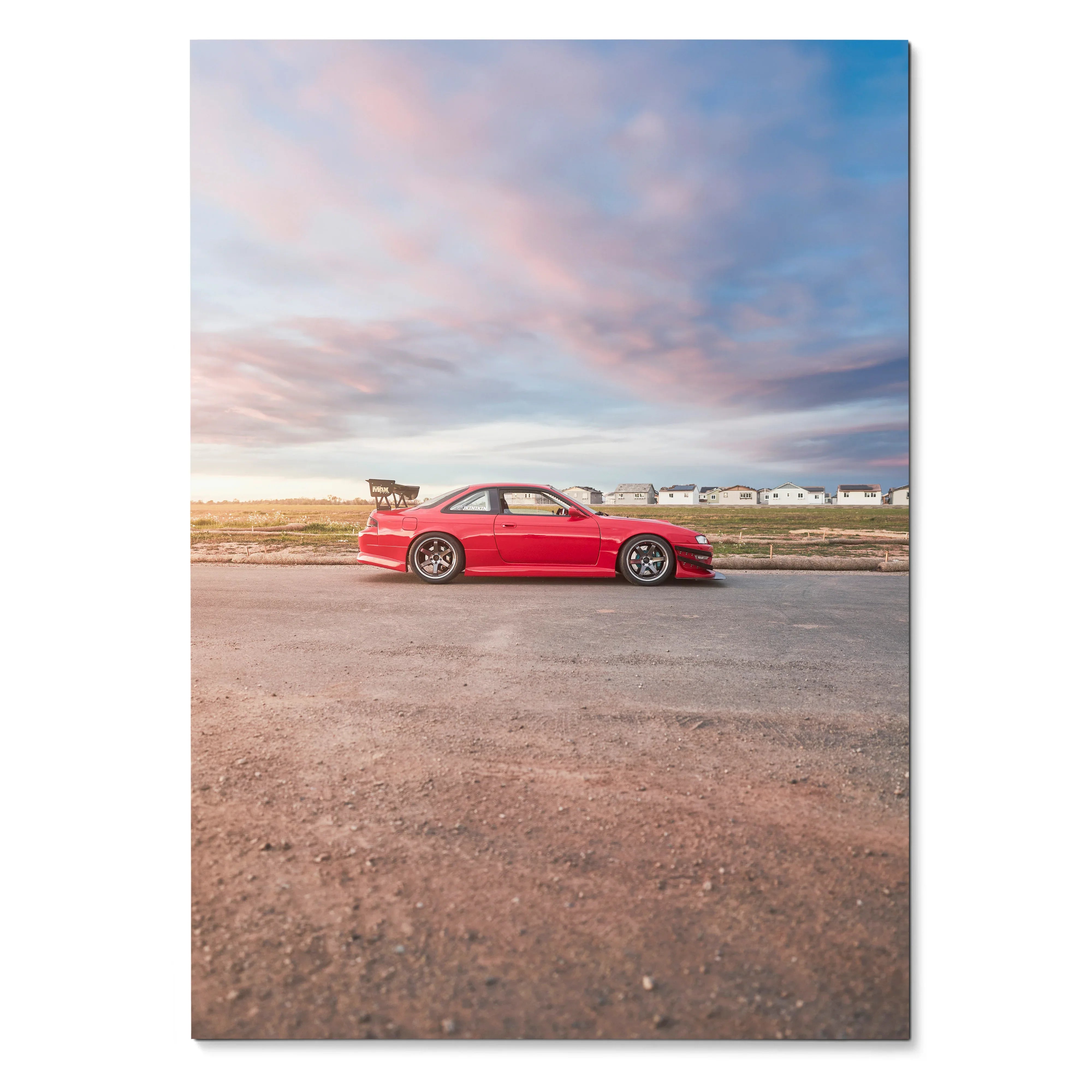 Red Nissan 240sx S14 Kouki parked on road under cloudy sky poster wall art.