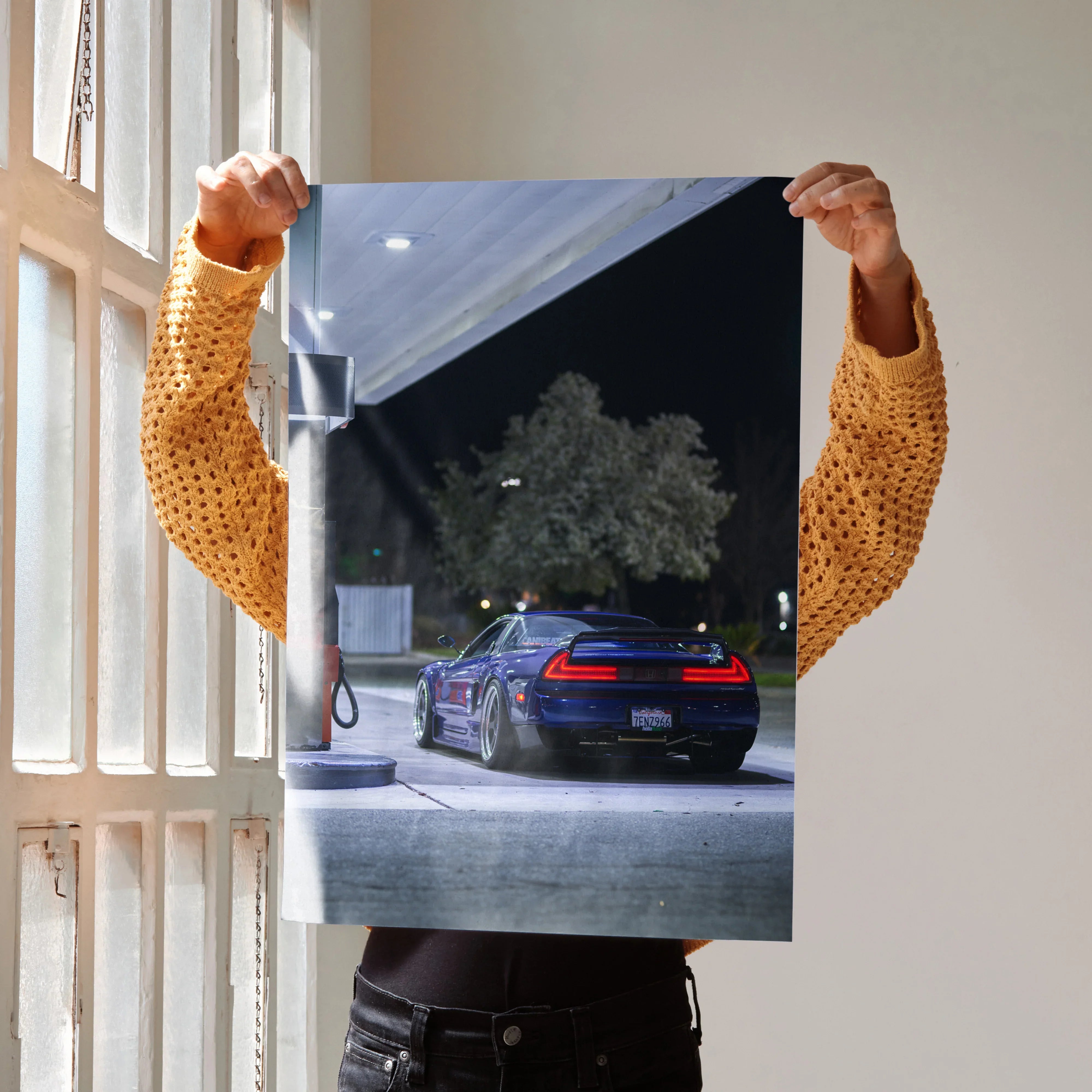 Acura NSX poster featuring rear view of sports car at night, high-performance wall art.