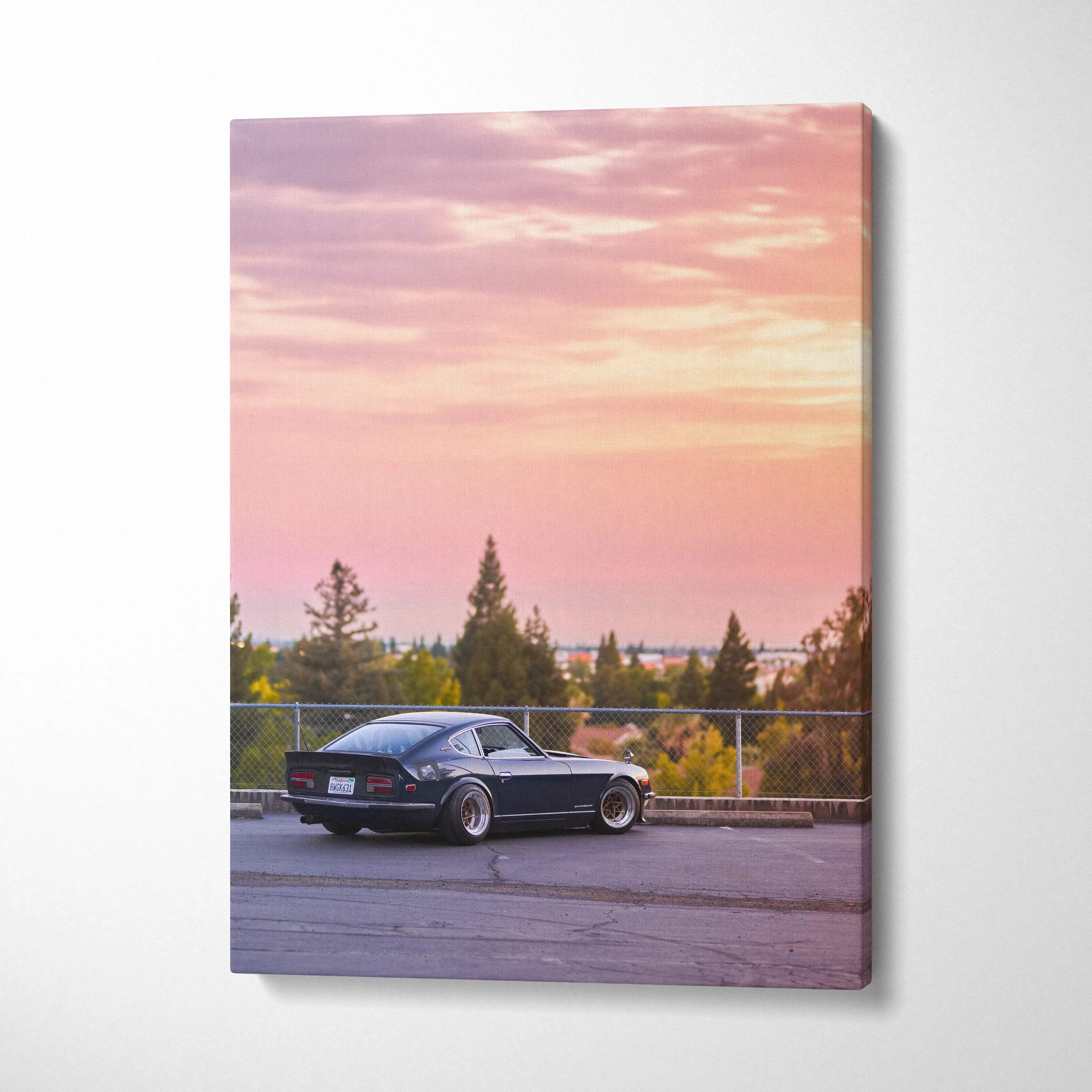 Nissan 240z parked at sunset with pink sky vertical canvas wall art.