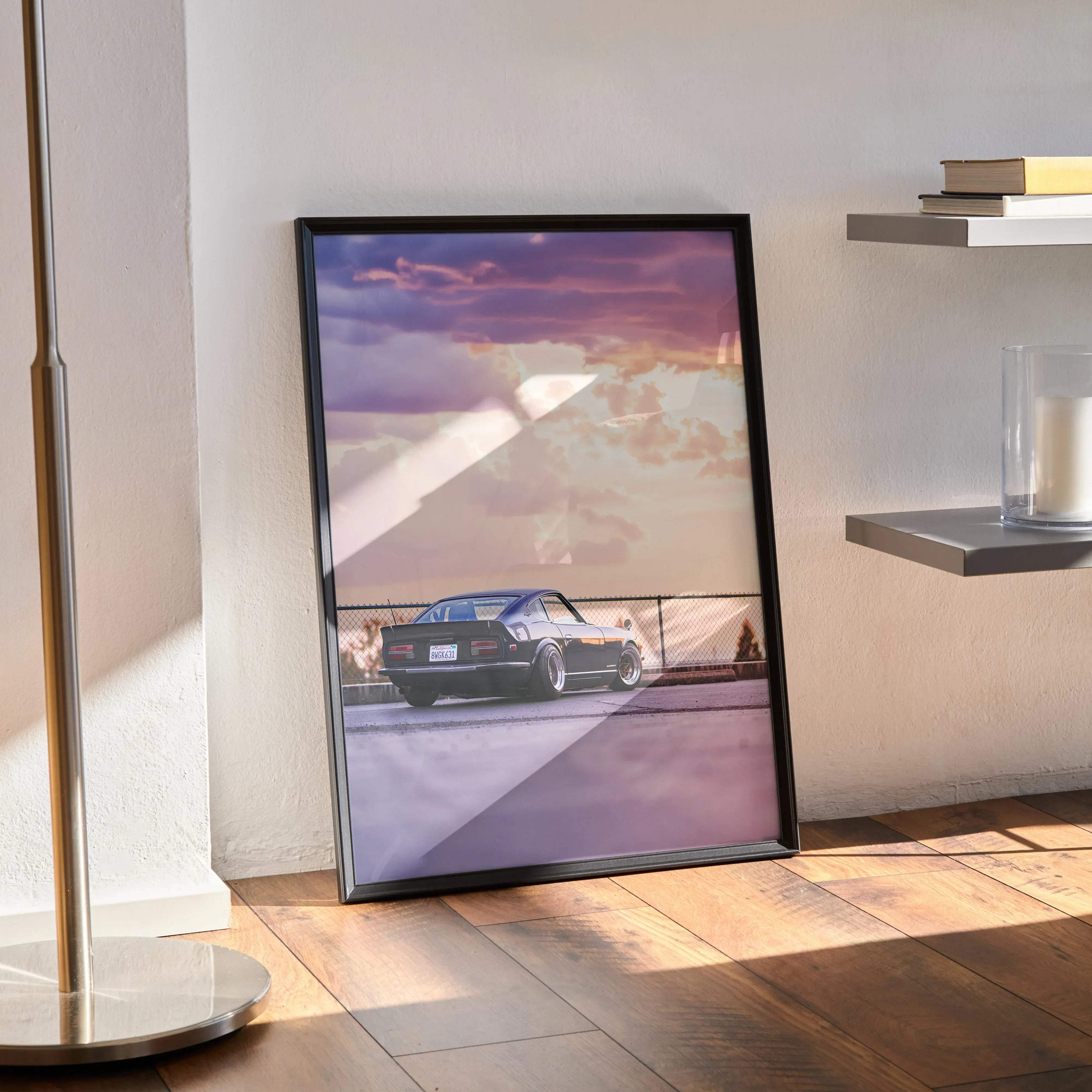 Black-framed Nissan 240z high resolution car poster featuring a purple and pink sunset over a dark blue sports car