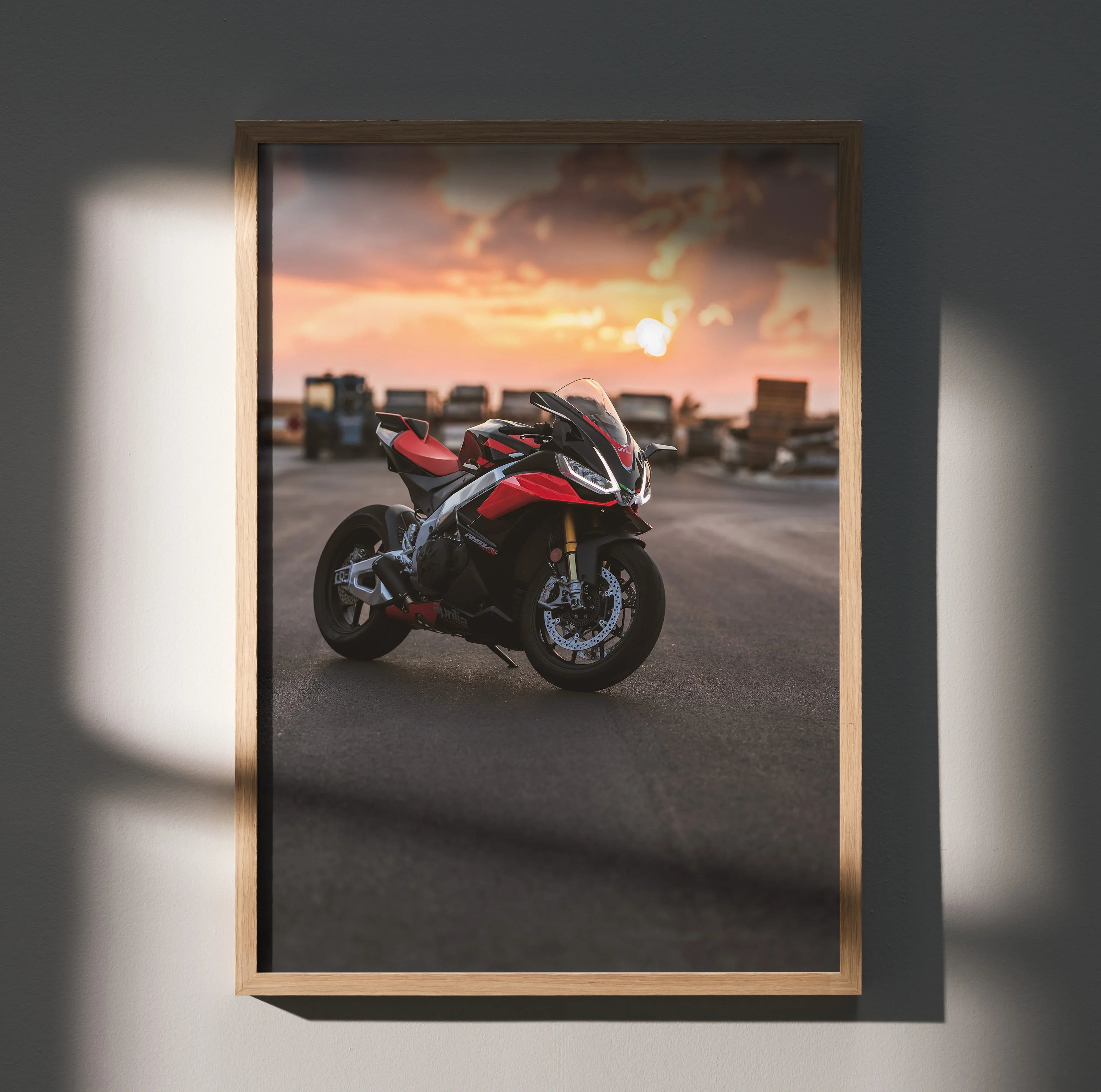 Aprilia RSV4 1100 Factory motorcycle poster with sunset background, modern wall art in wood frame.