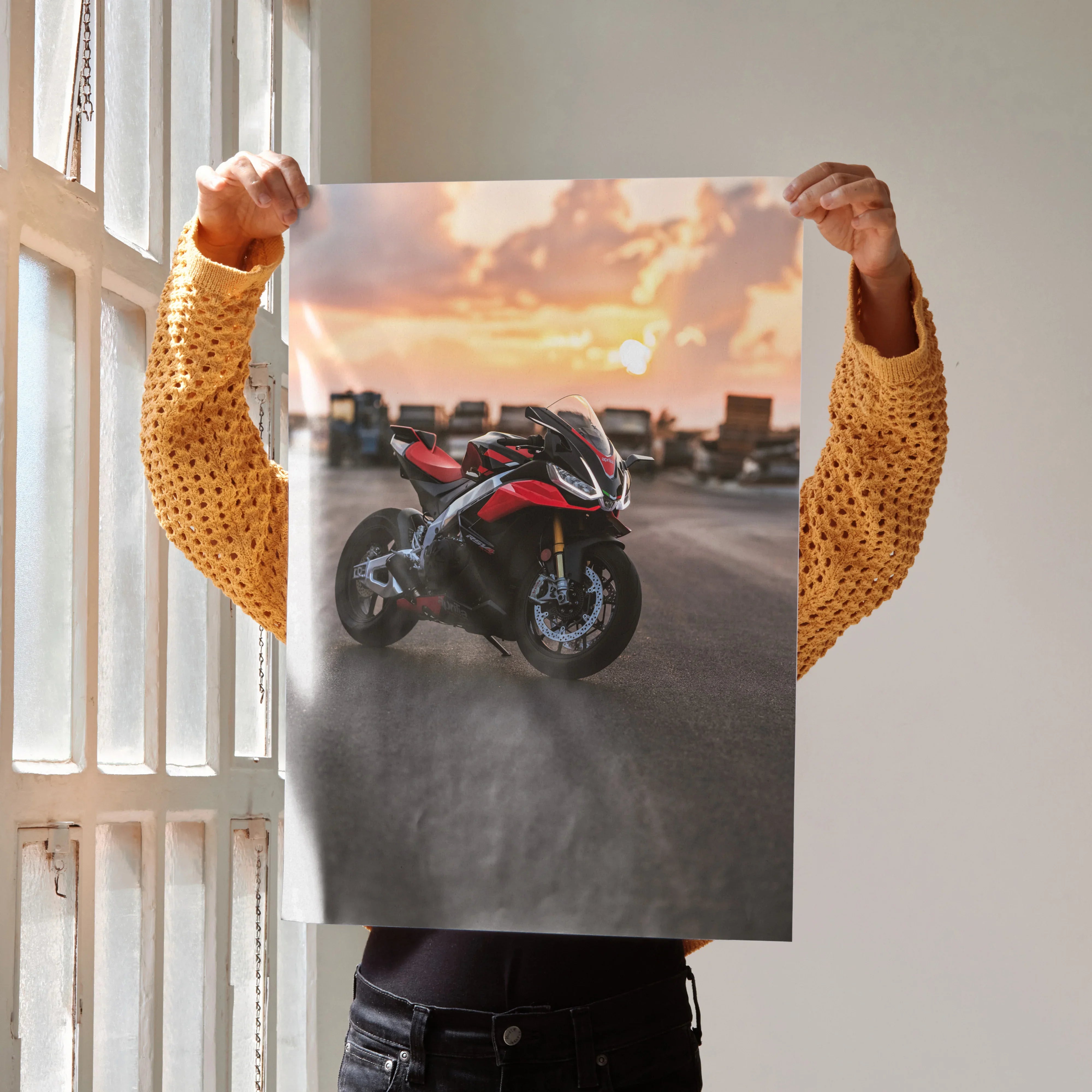 Aprilia RSV4 1100 Factory motorcycle poster with dramatic sunset background wall art.