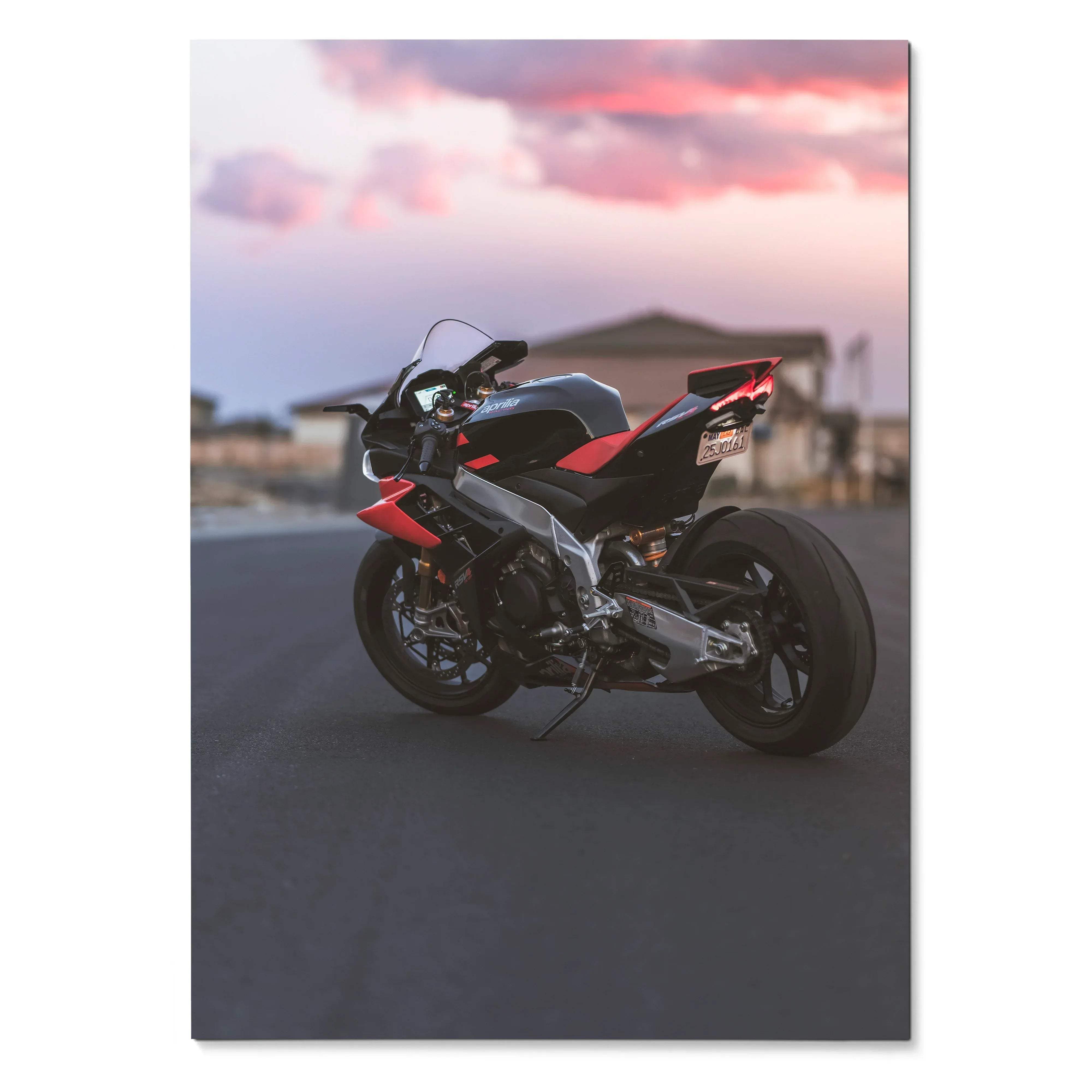 Aprilia RSV4 1100 Factory motorcycle poster with red and black sportbike on asphalt at sunset wall art.