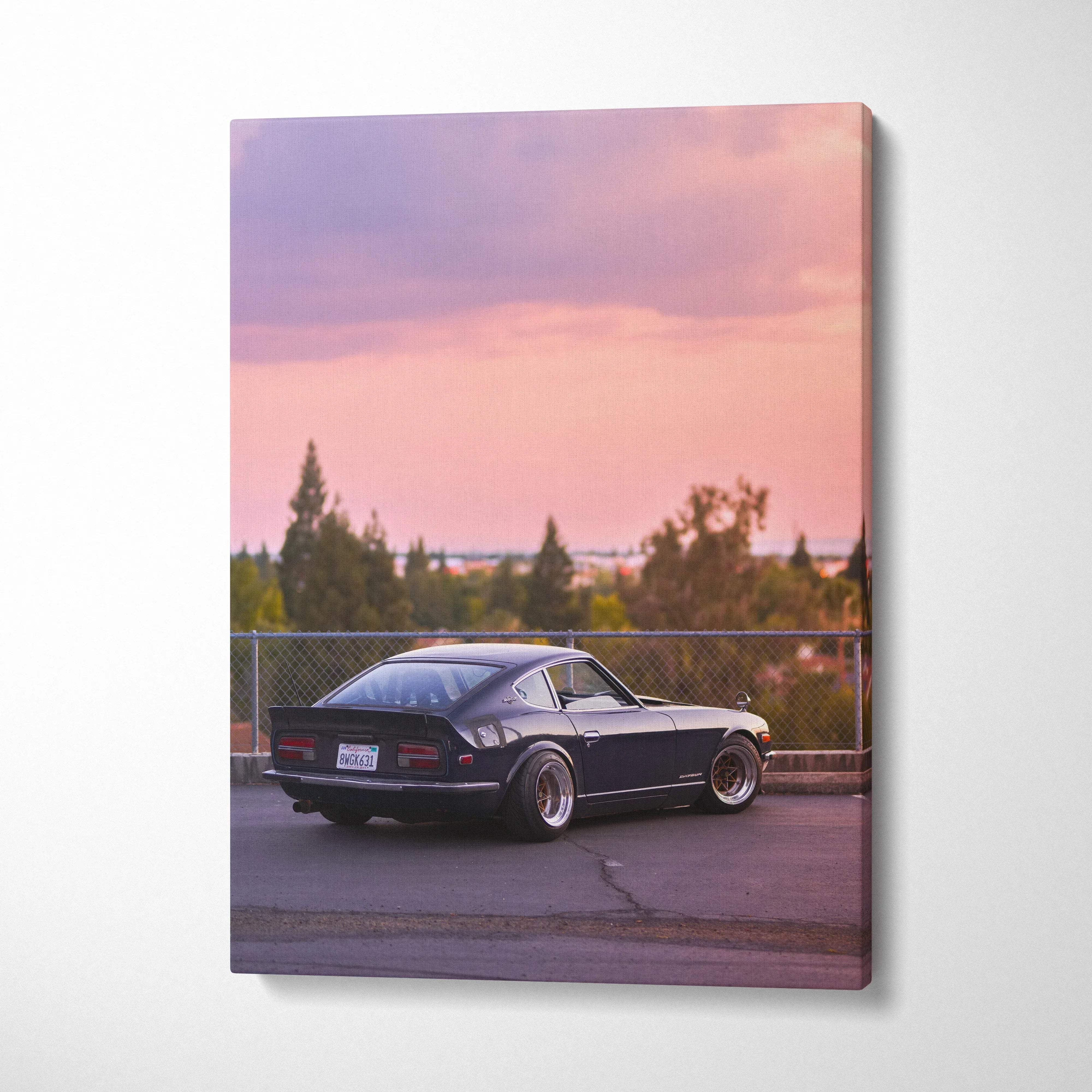 Nissan 240z vintage car against sunset sky on vertical canvas wall art.