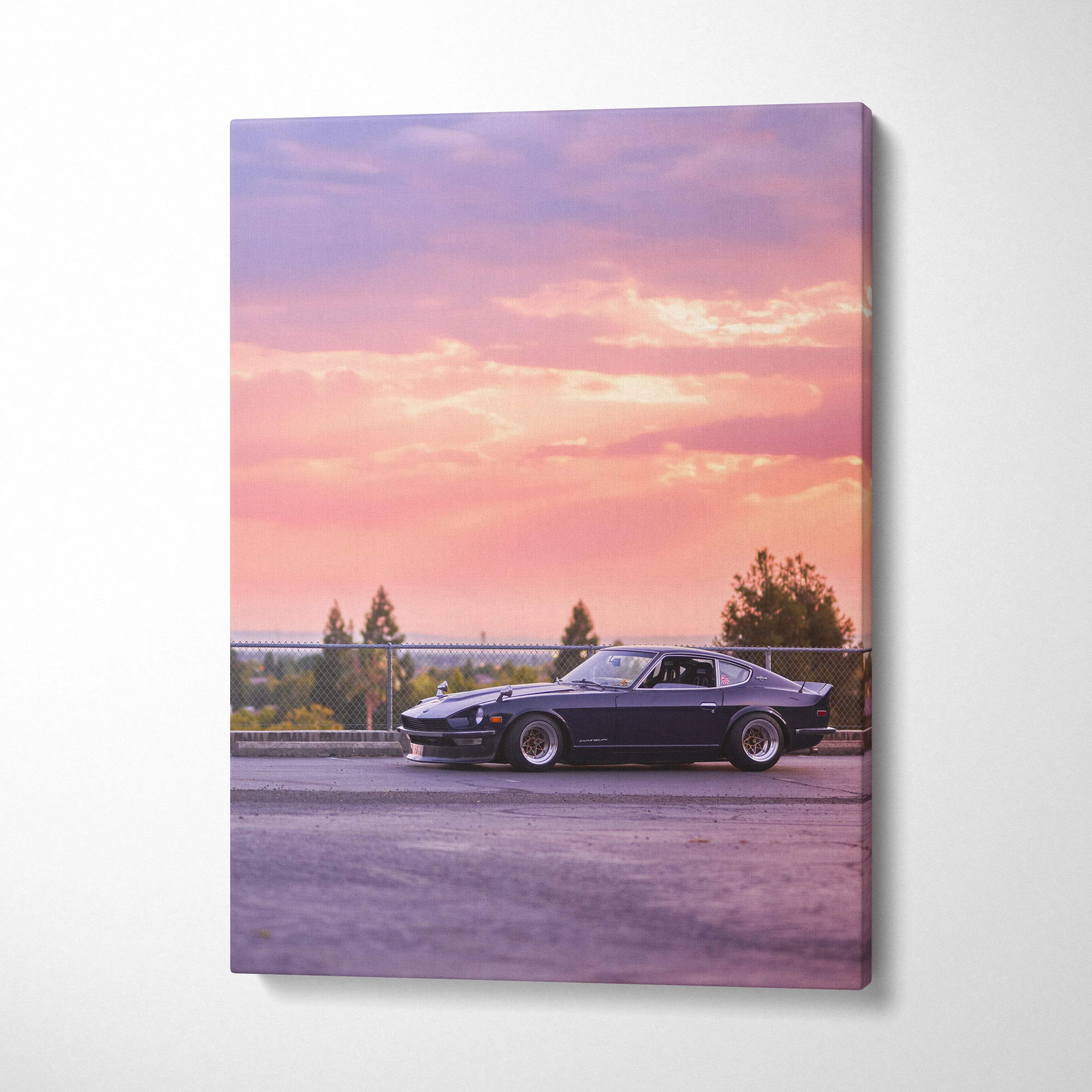 Nissan 240z classic car canvas art with sunset sky background vertical wall art.