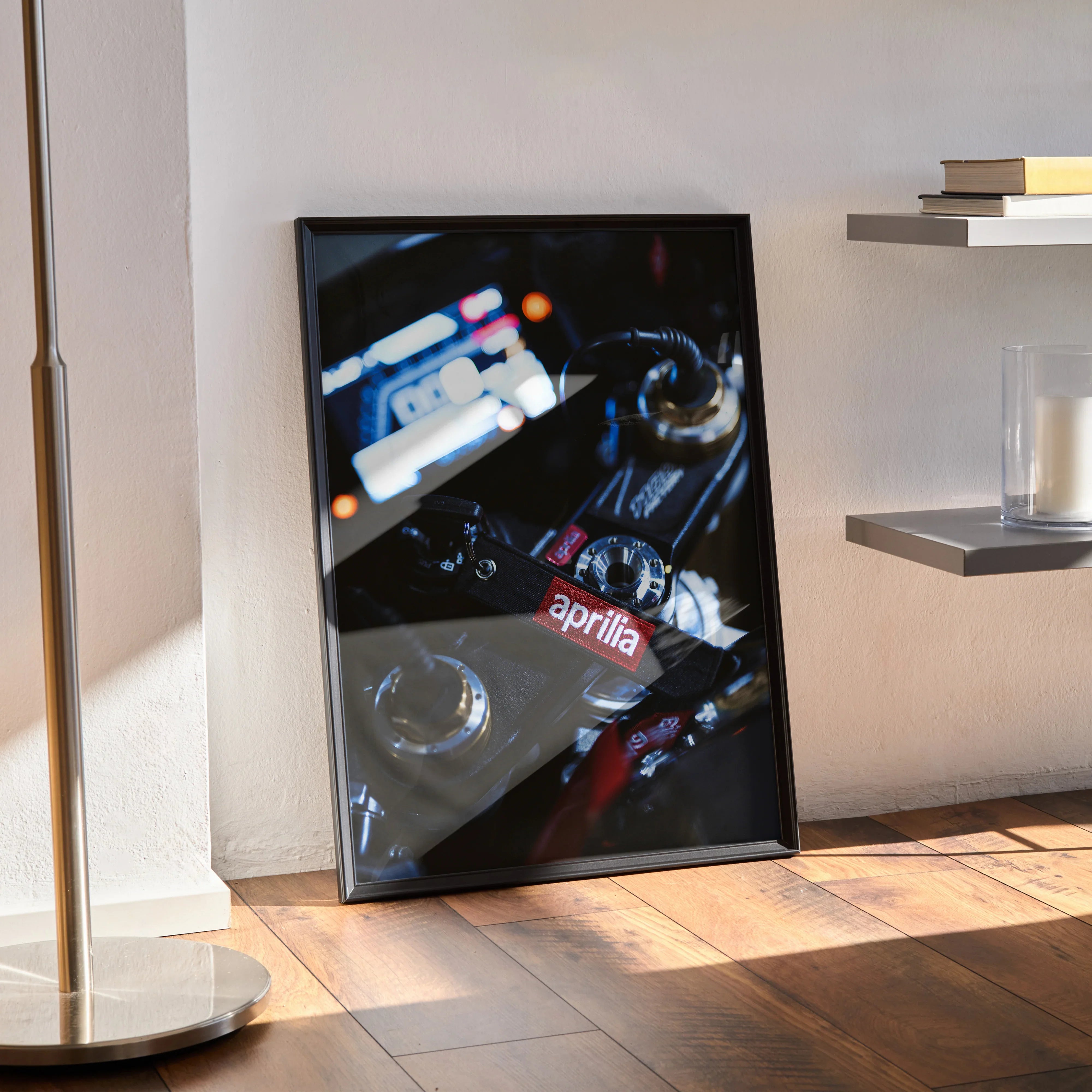 Aprilia RSV4 1100 Factory motorcycle close-up poster wall art with dark background in black frame.