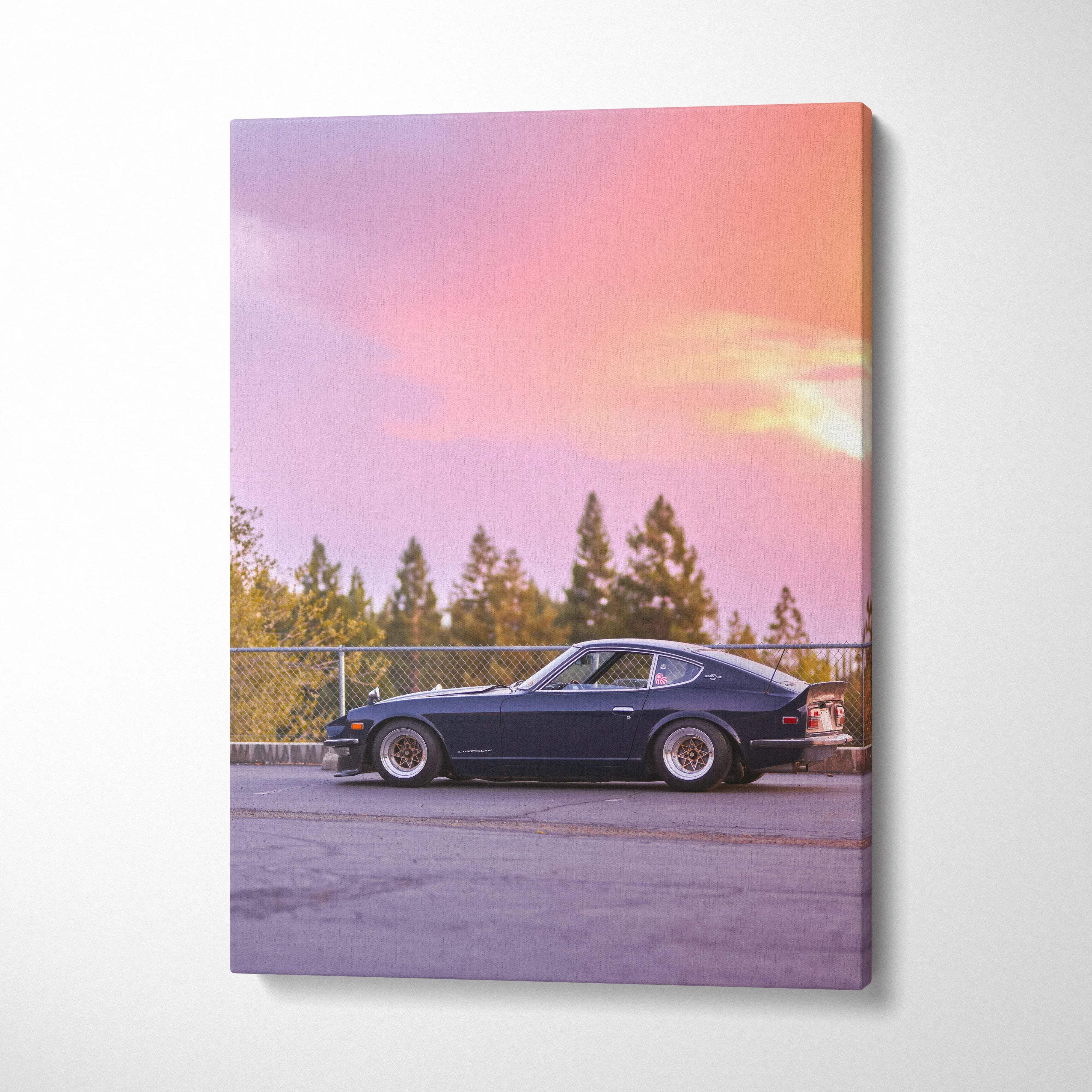 Nissan 240z parked at sunset with purple sky canvas wall art vertical print.