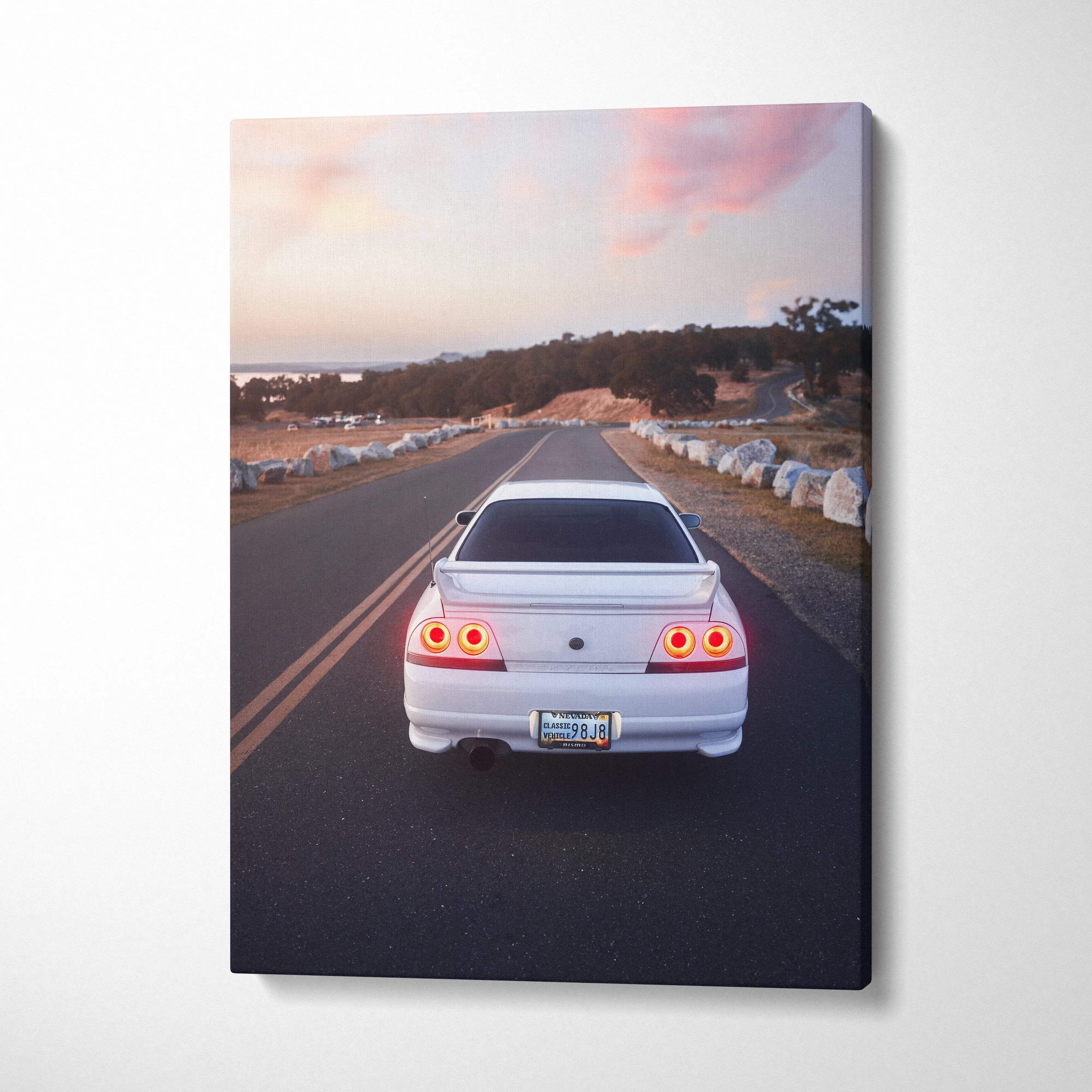 Nissan R33 GTS-T rear view on road at sunset vertical canvas wall art print.