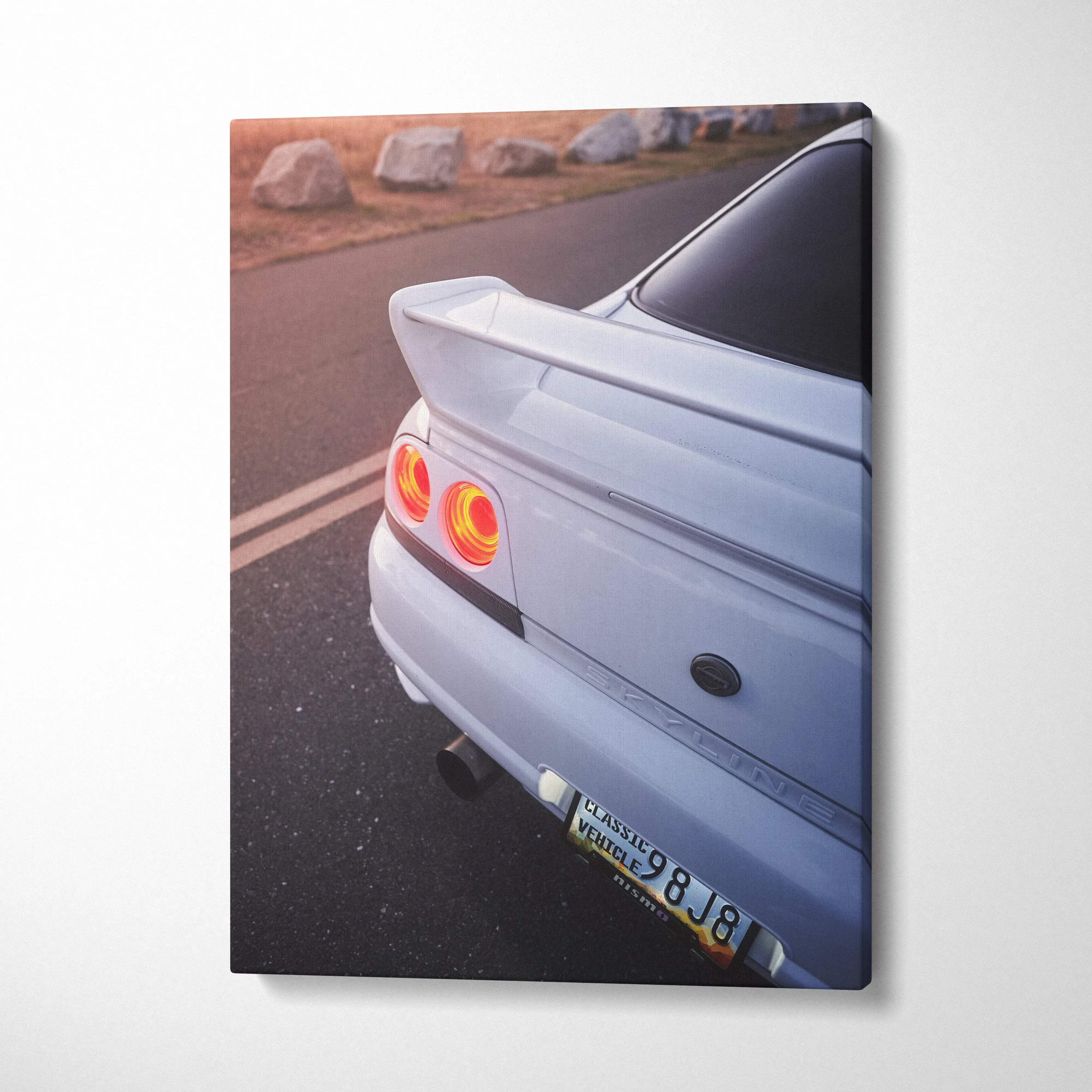 Nissan R33 GTS-T rear detail canvas art with sunset lighting, sleek car wall art.