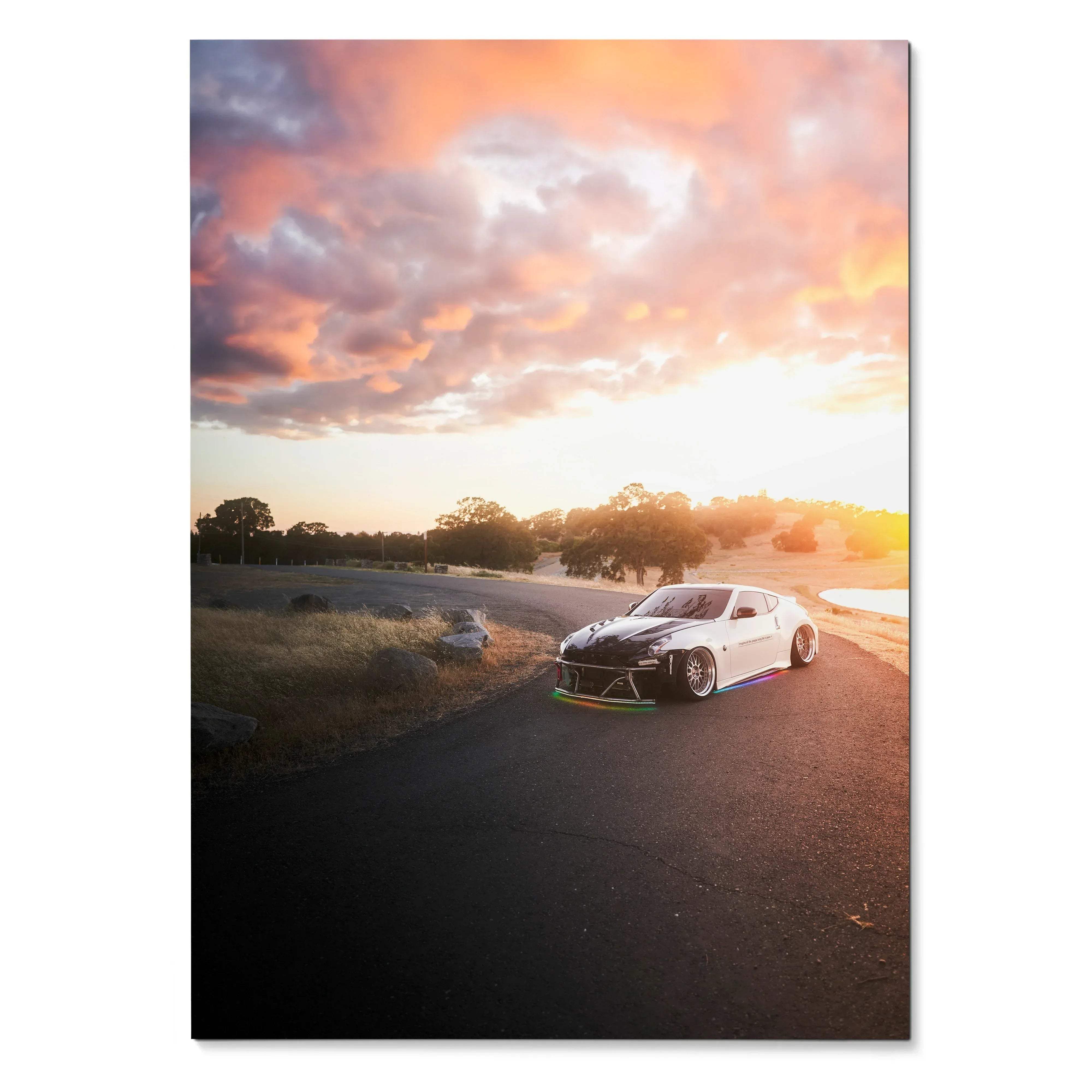 Nissan 370z car poster with sunset background, vibrant colors, and scenic road wall art.