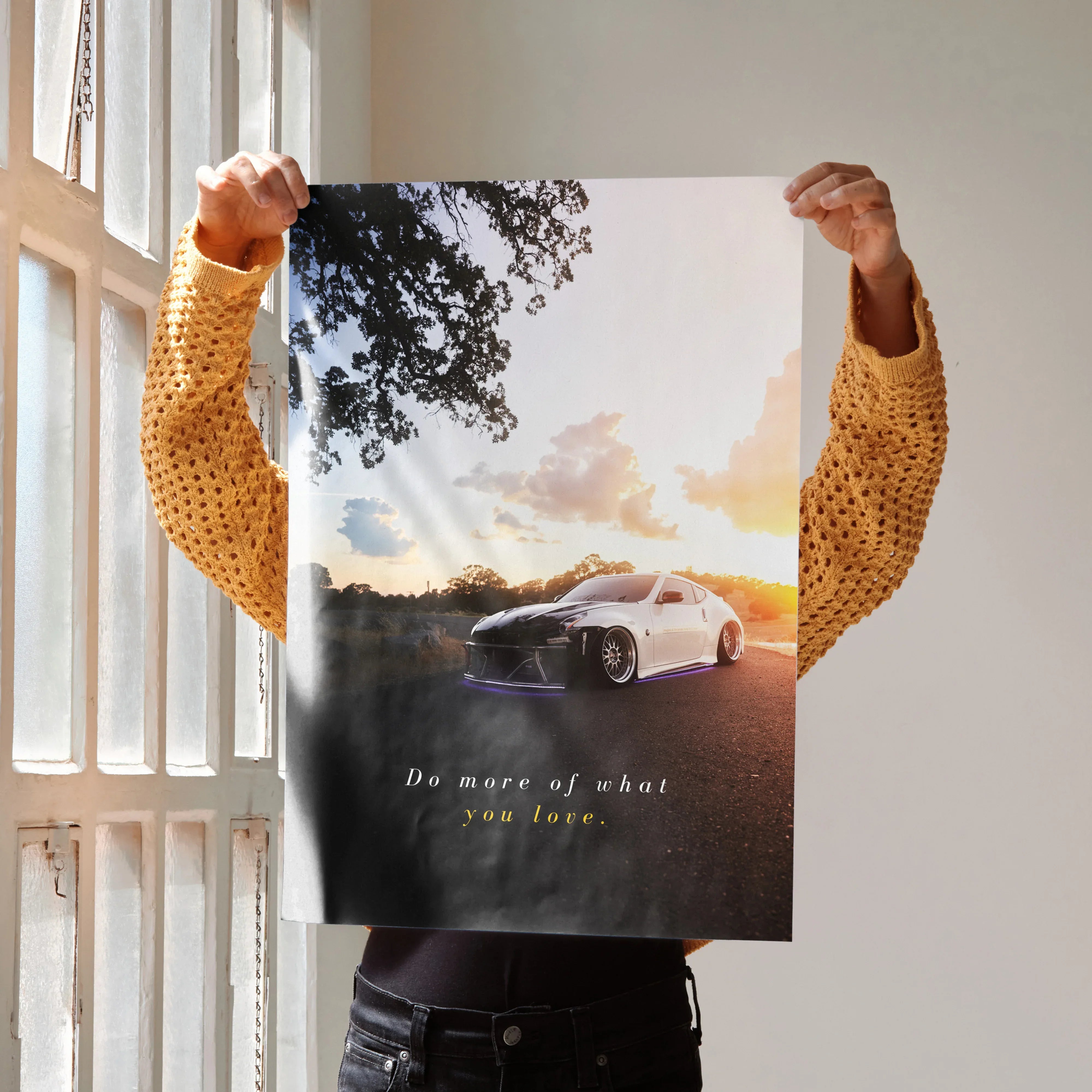 Motivational Nissan 370z poster wall art with inspiring sunset background and bold text.