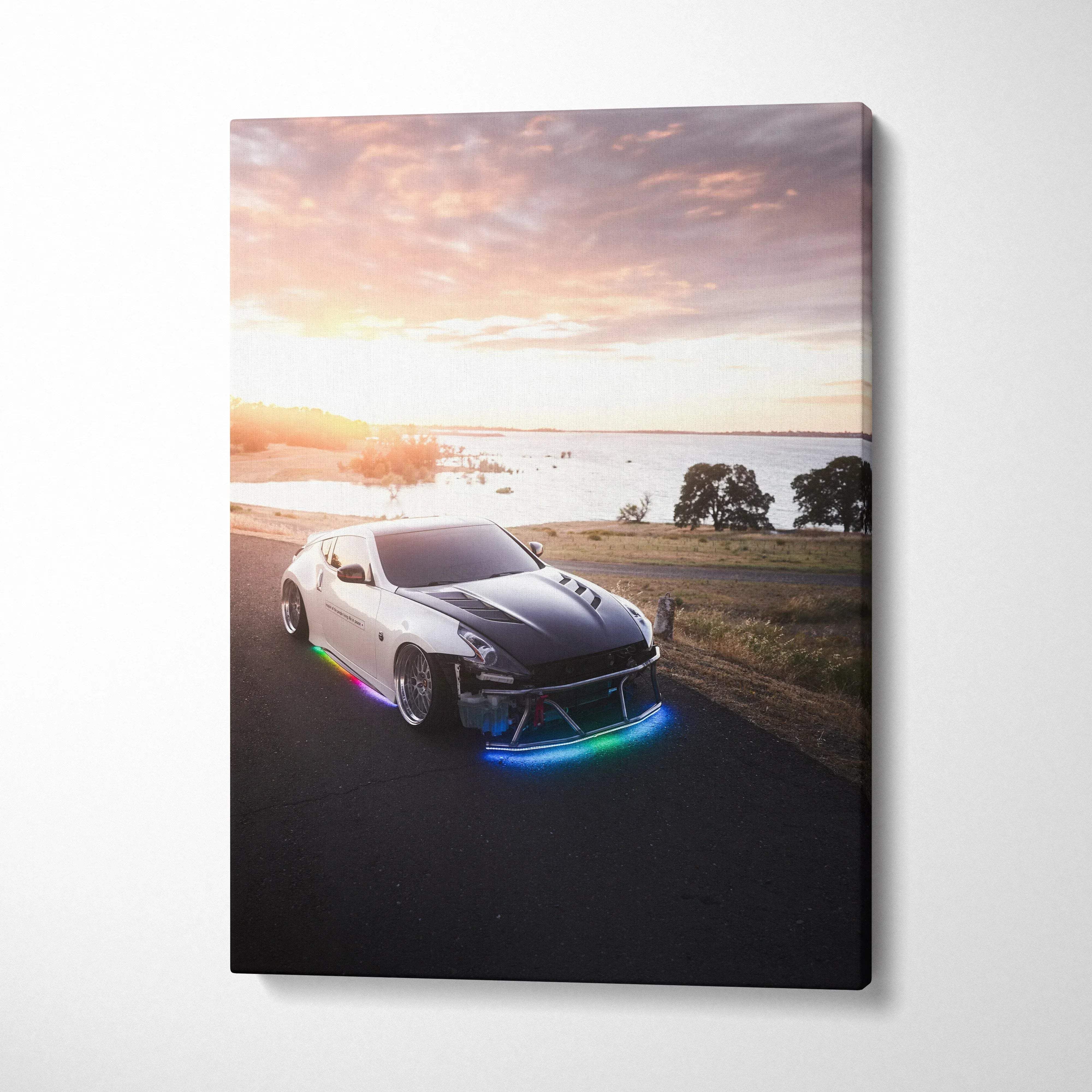 Nissan 370z with colorful neon lights on road at sunset vertical canvas wall art.