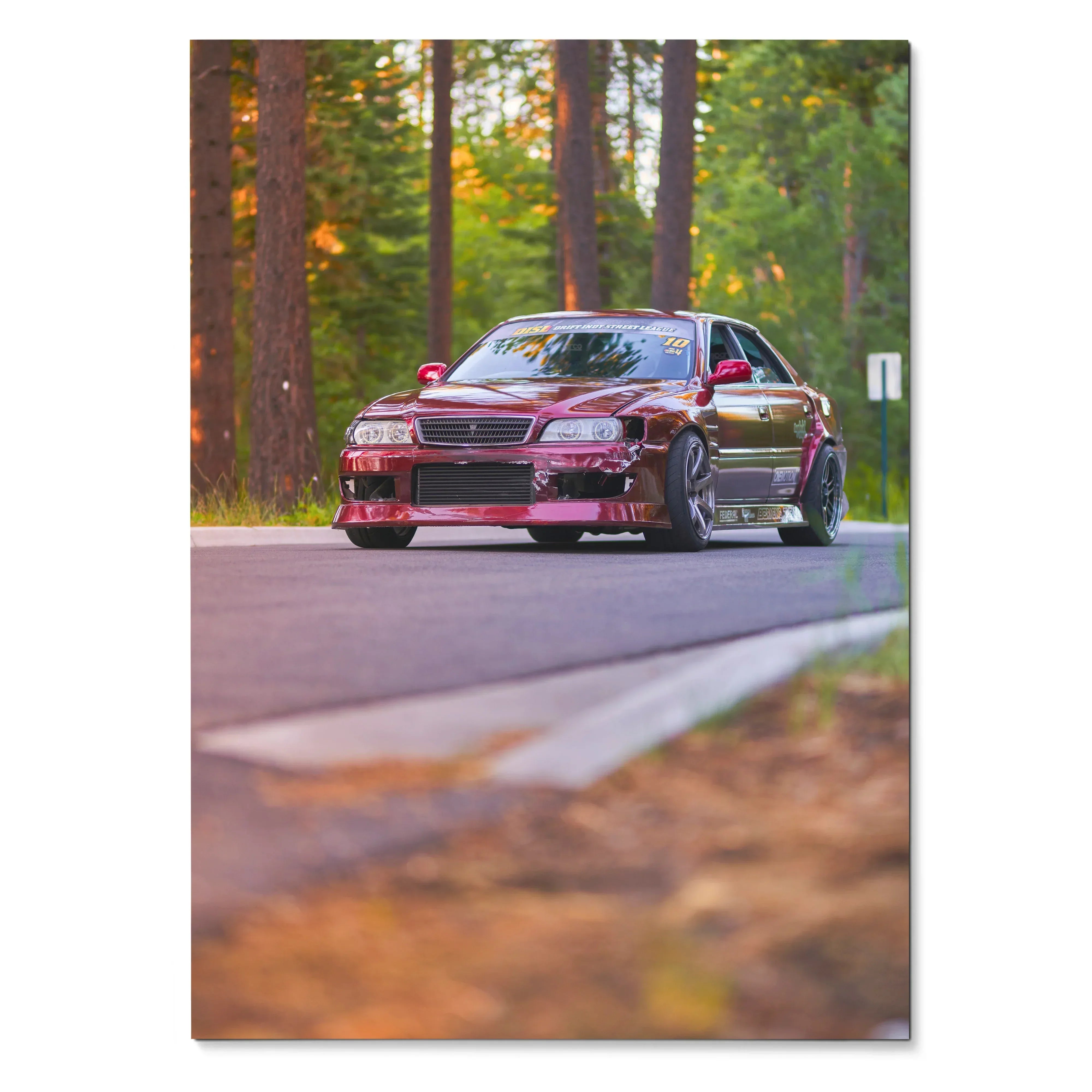 Toyota Chaser JDM drift car in black on forest road, sleek design poster wall art.