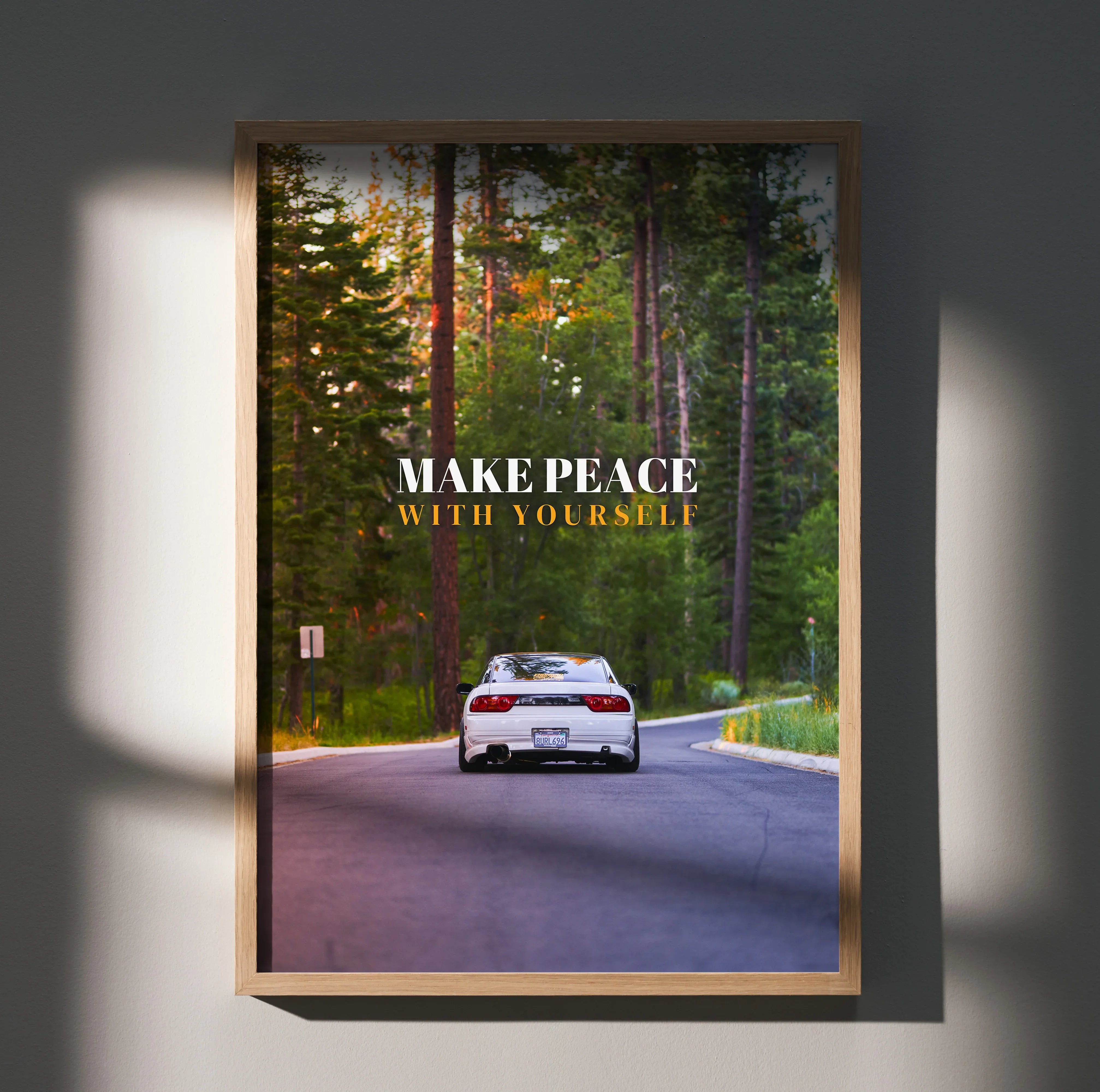 Motivational poster wall art featuring white Nissan 240sx Type-X driving on forest road at sunset.