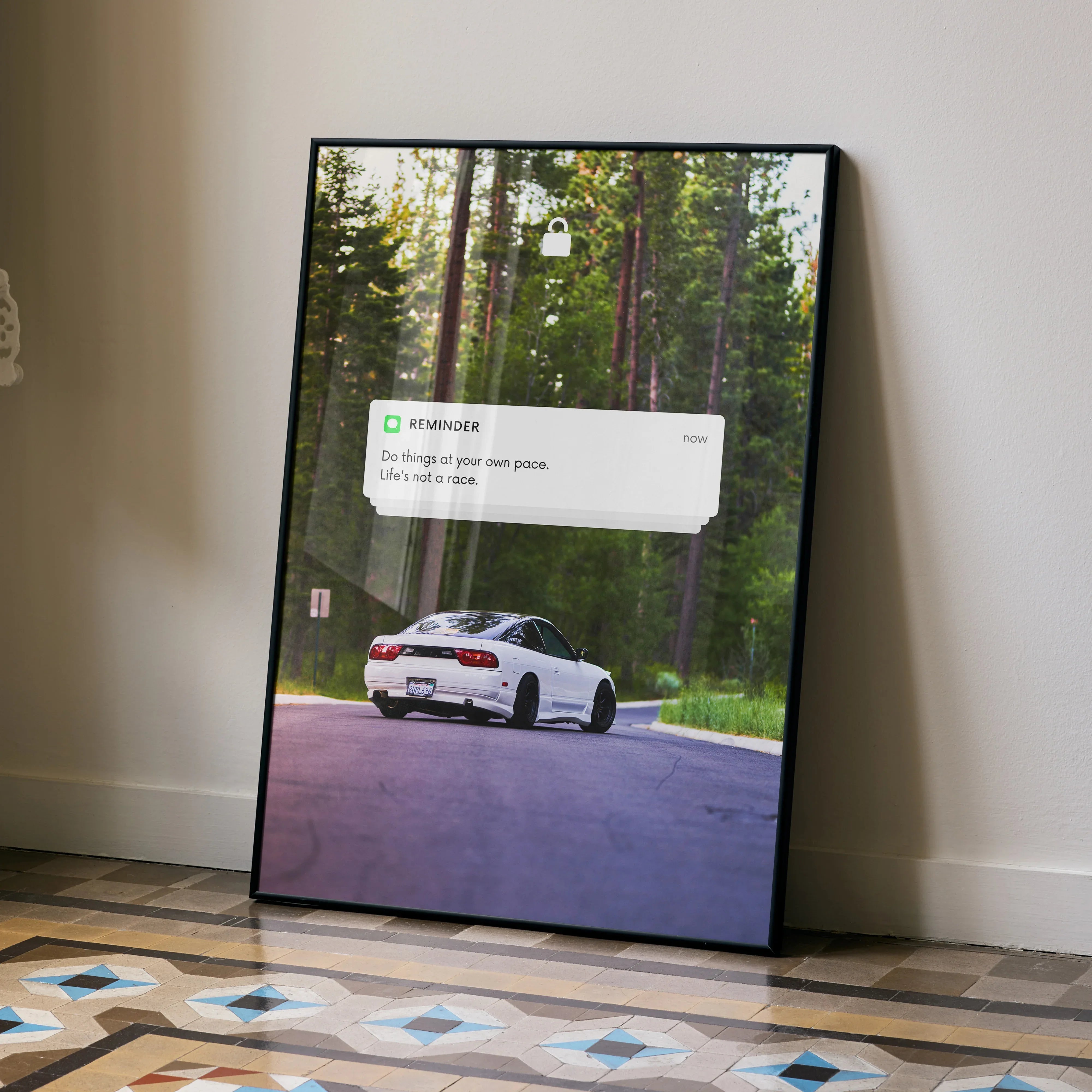 Motivational poster wall art featuring white Nissan 240sx Type-X on forest road at dusk.