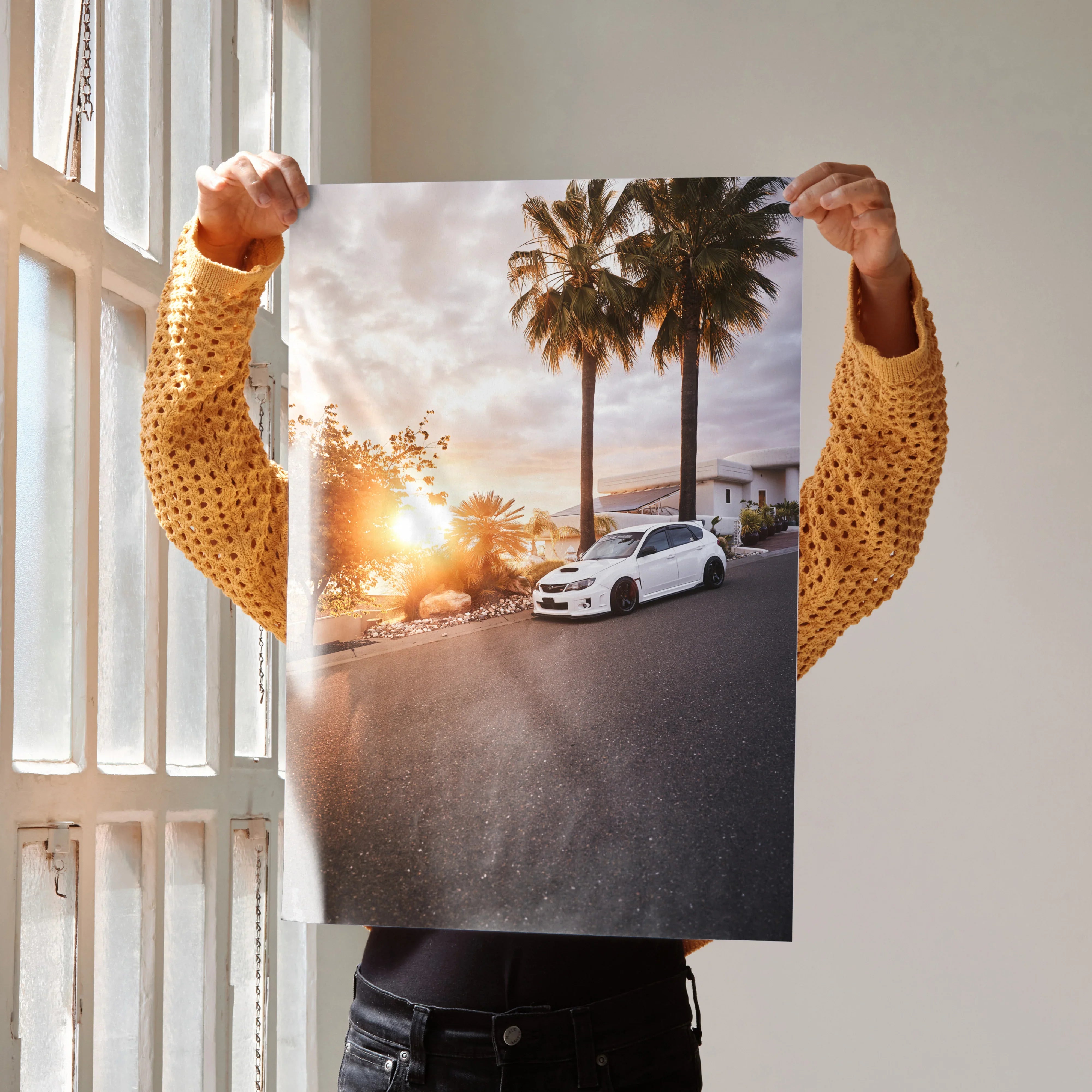 Subaru WRX STI poster with white car on sunset street, palm trees, high-resolution wall art.