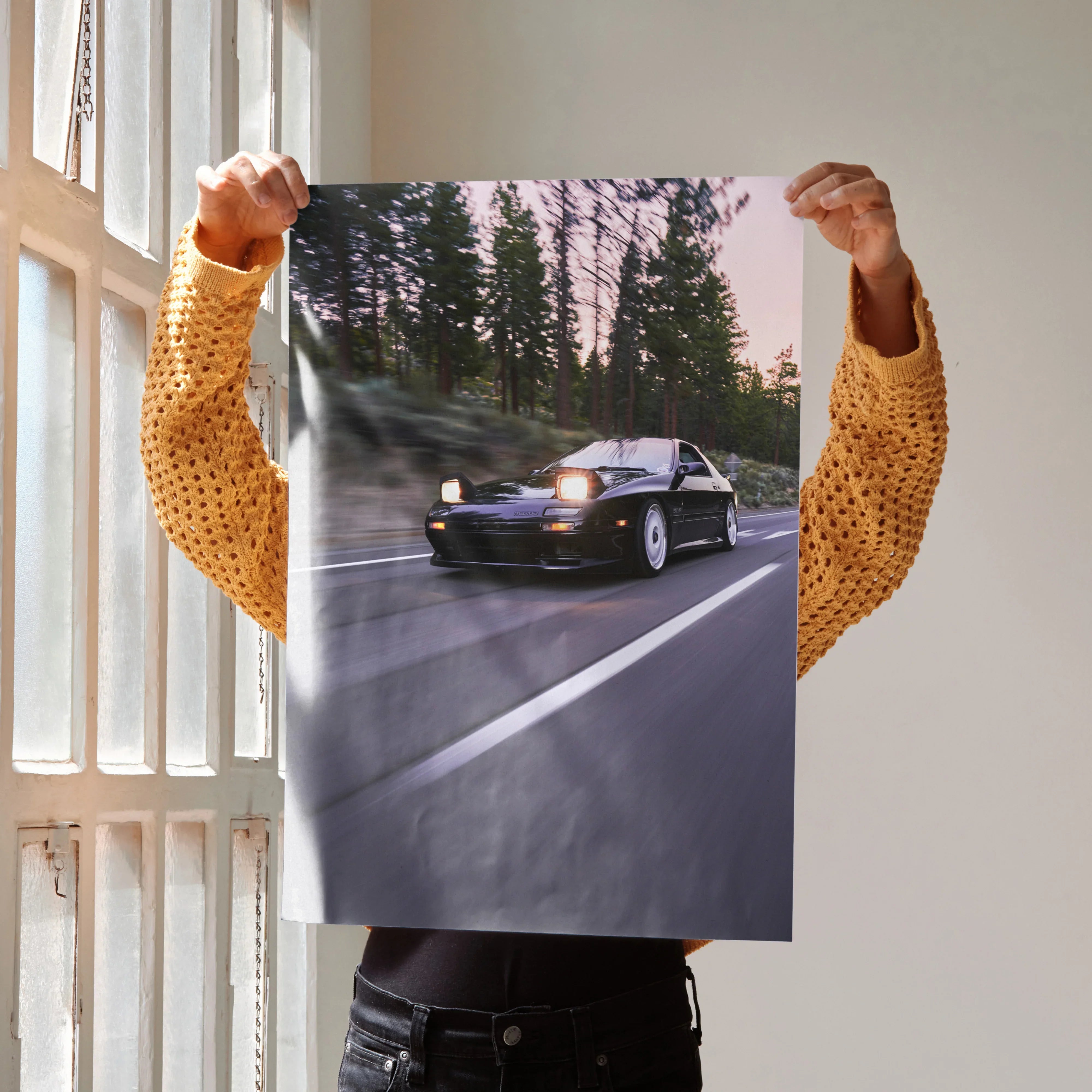 Mazda FC RX7 driving on forest road at dusk automotive poster wall art.