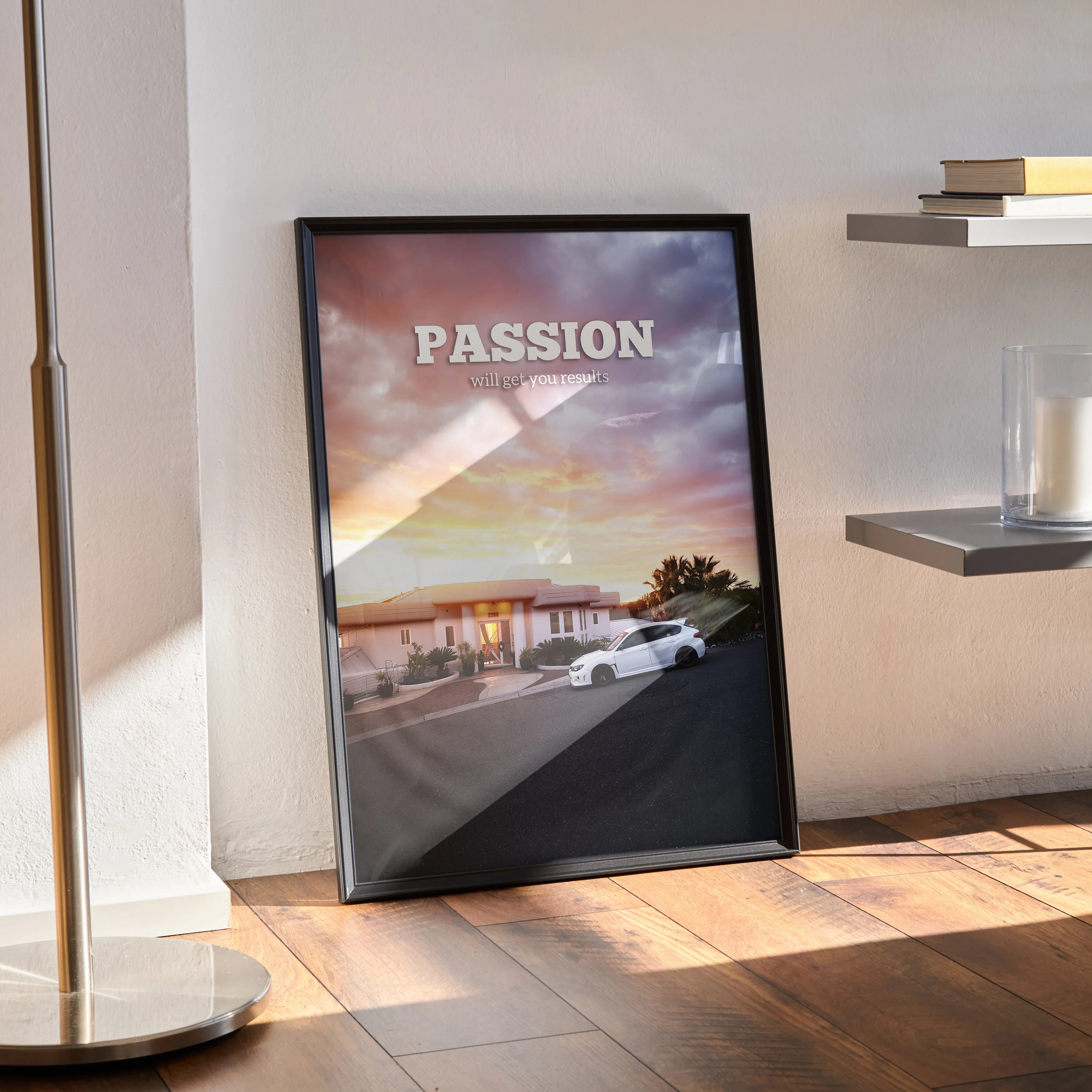 Motivational poster wall art with Subaru WRX STI car and "PASSION" text over sunset sky.