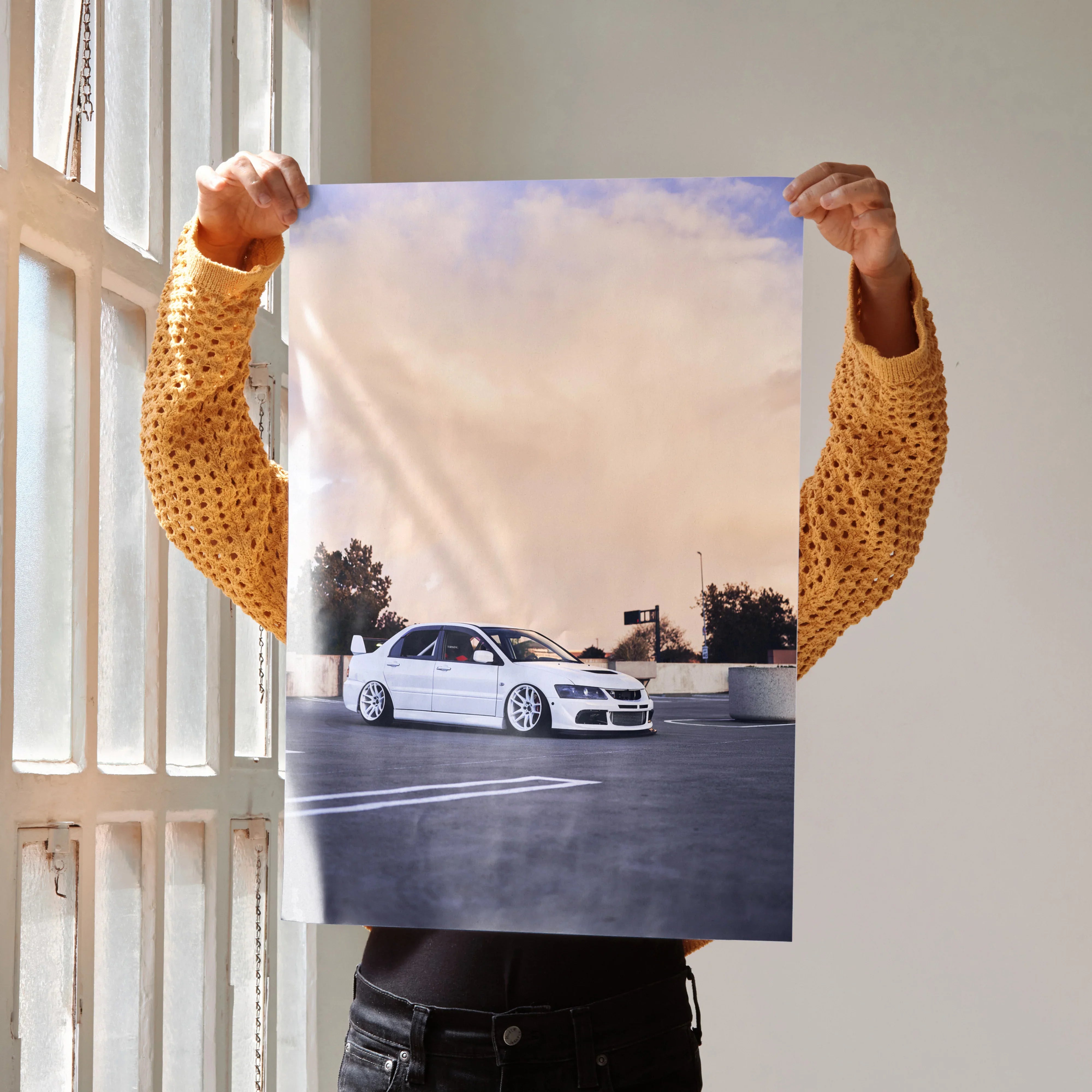 Mitsubishi Evo 8 white car poster with sunset sky, automotive wall art.