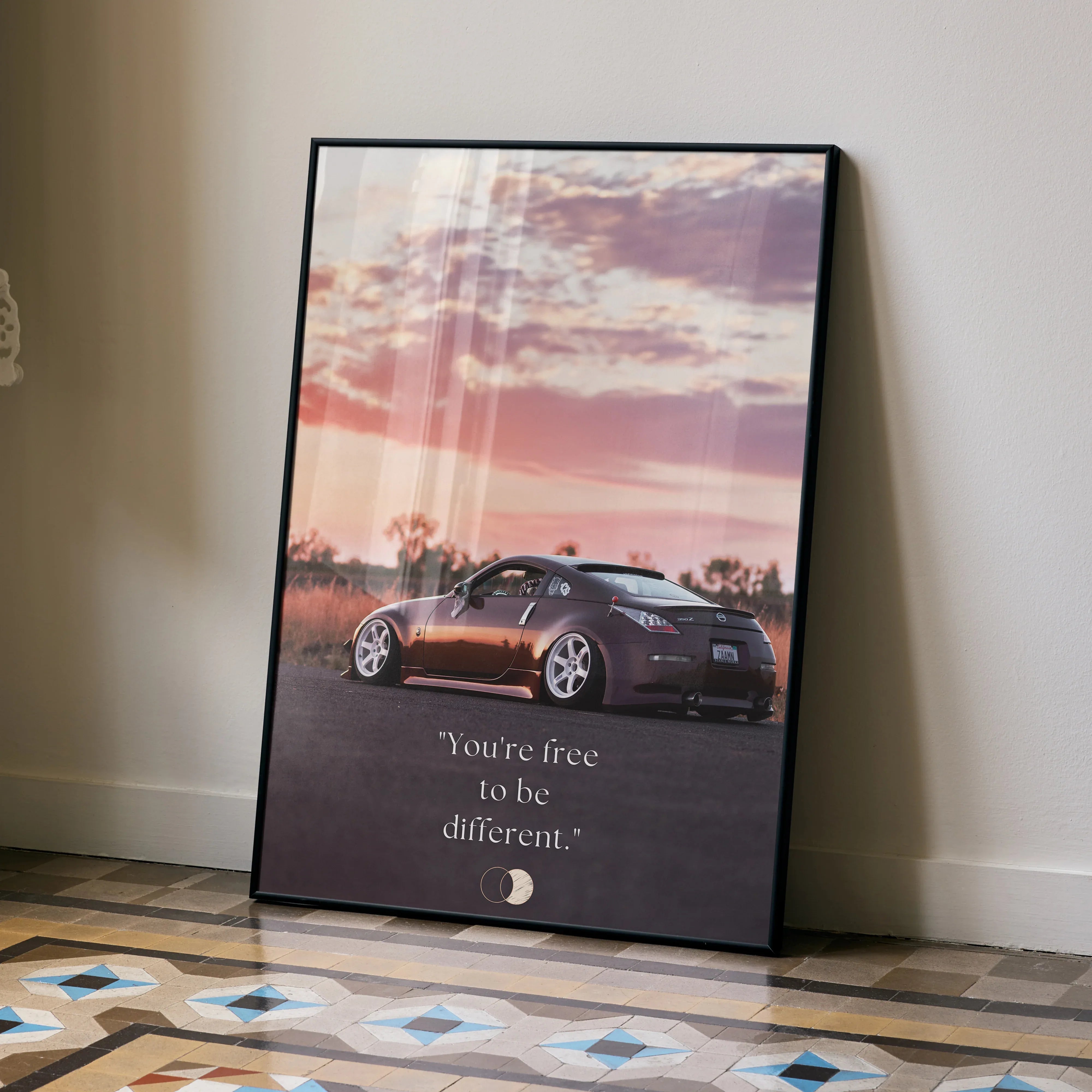 Motivational Nissan 350z poster with sunset background and inspiring text framed wall art.