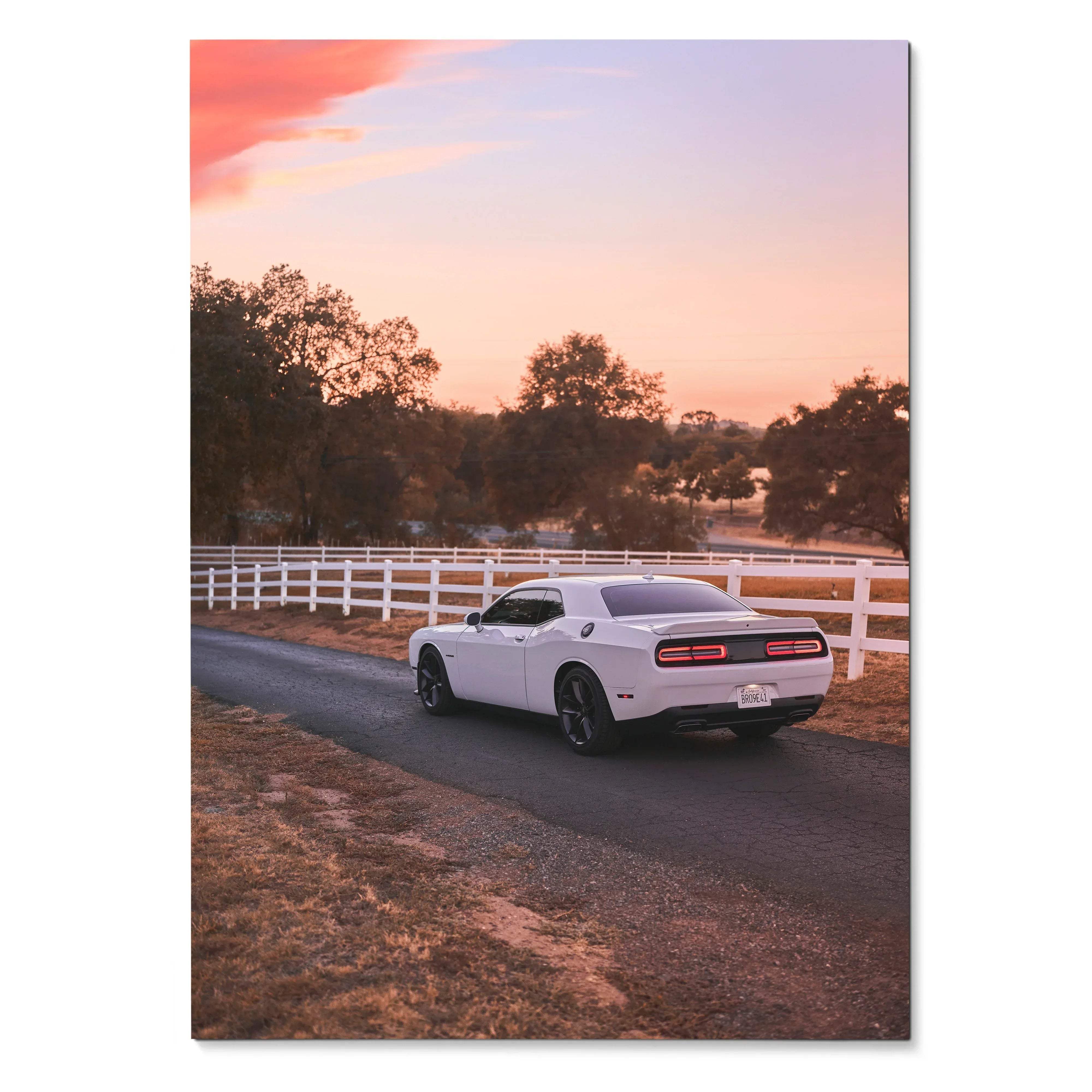Dodge Challenger parked on country road at sunset poster wall art.