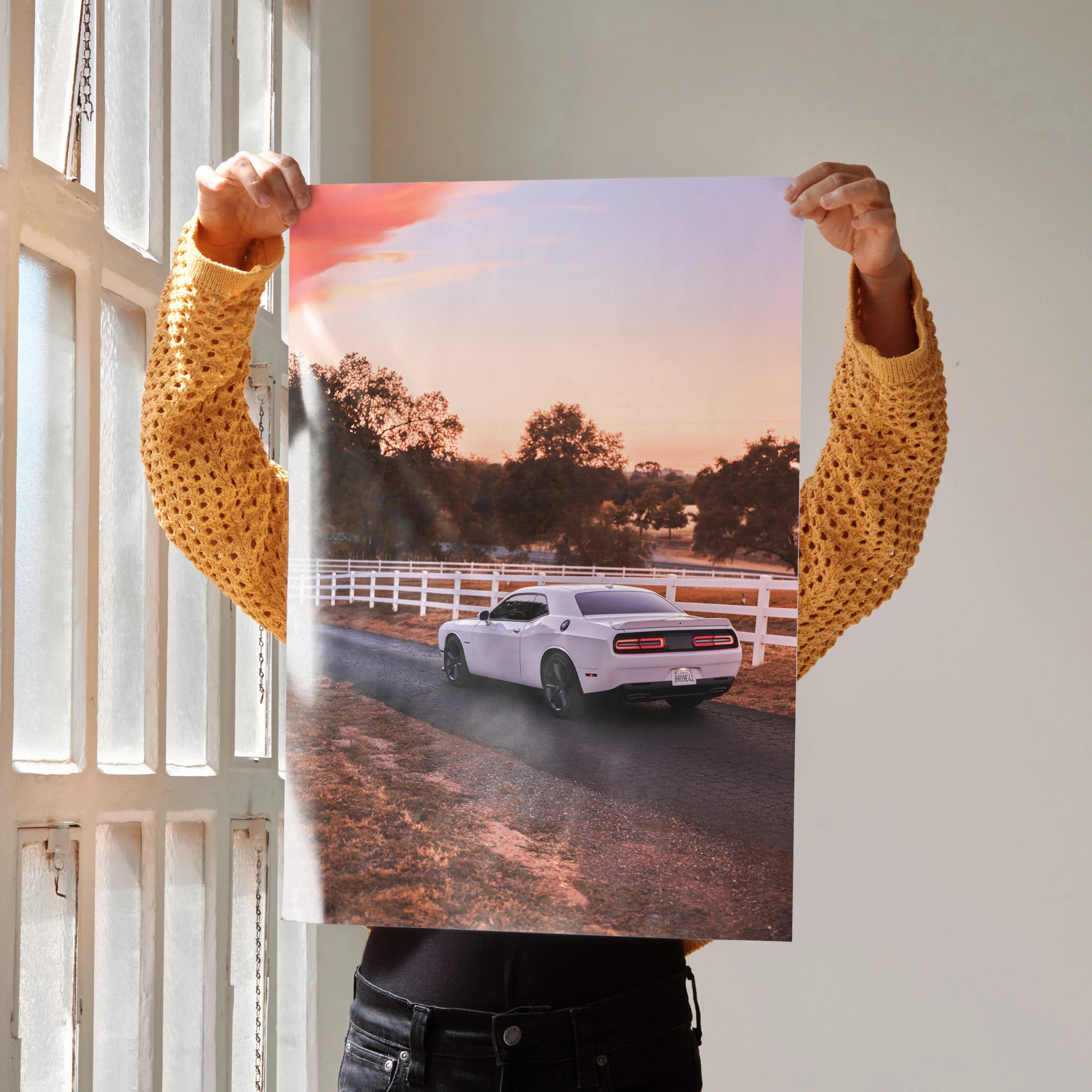 Dodge Challenger driving on rural road sunset poster wall art with white fence and trees.