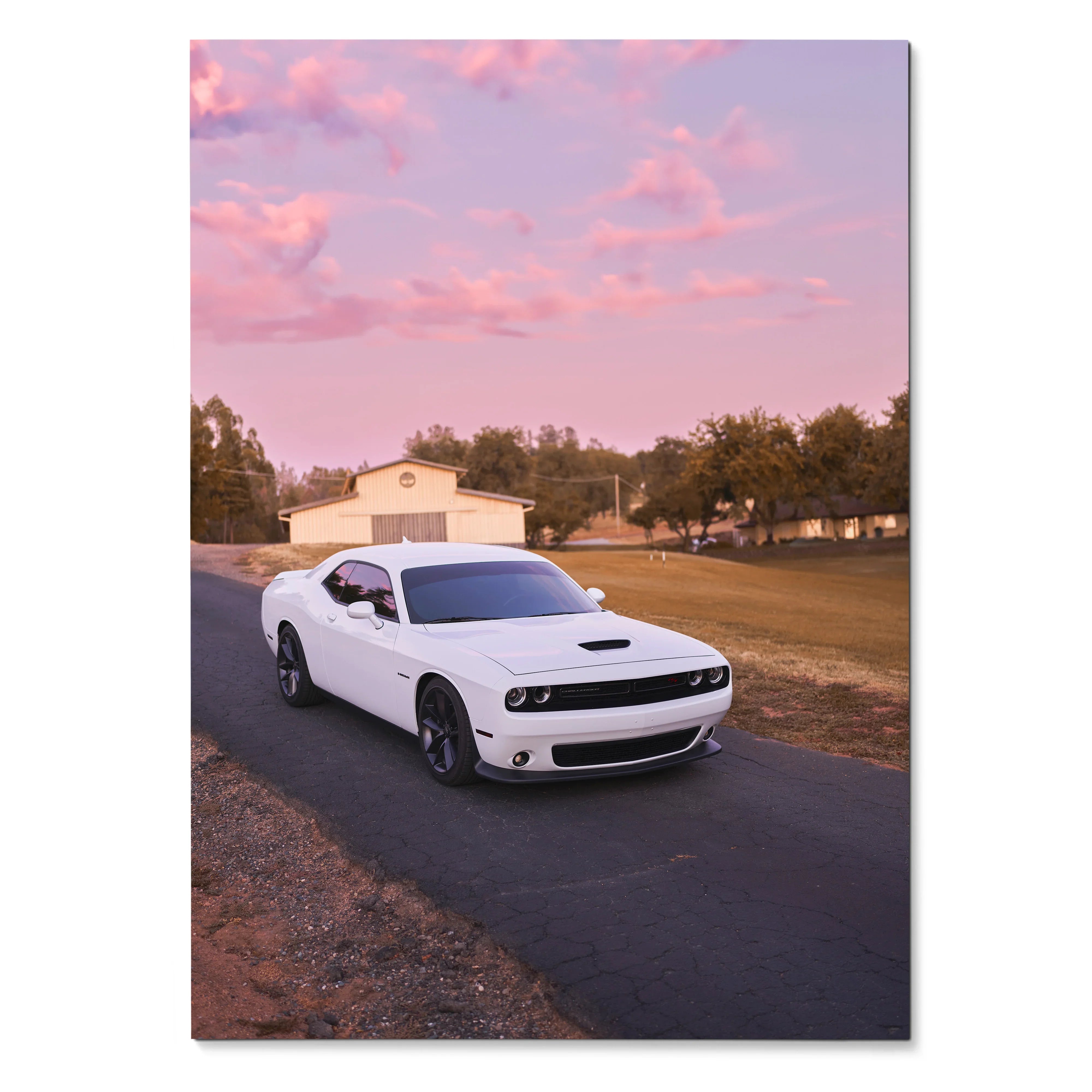 Dodge Challenger white muscle car on rural road under pink sky poster wall art.