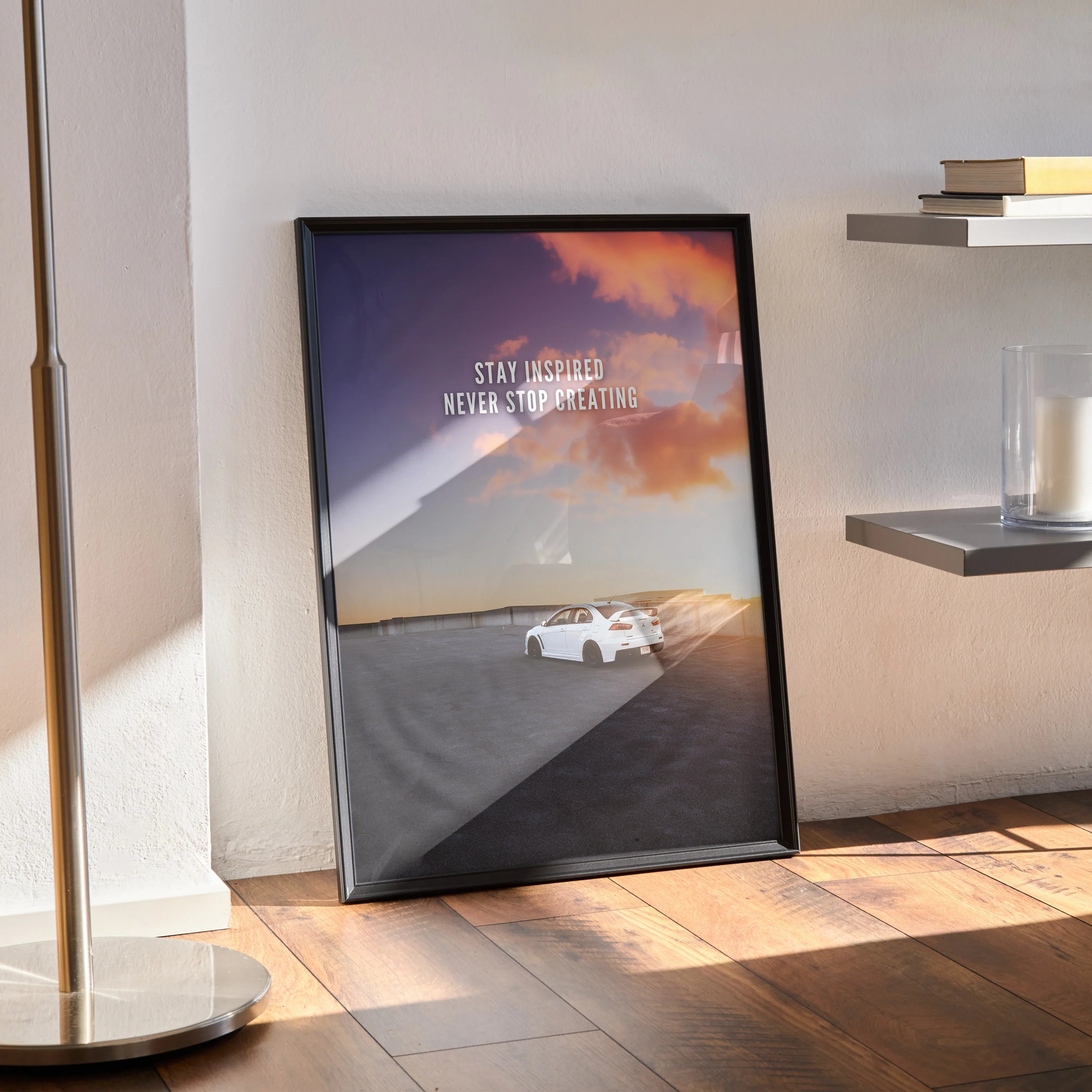 Motivational car poster with Mitsubishi Evo 10 under sunset sky, framed wall art.