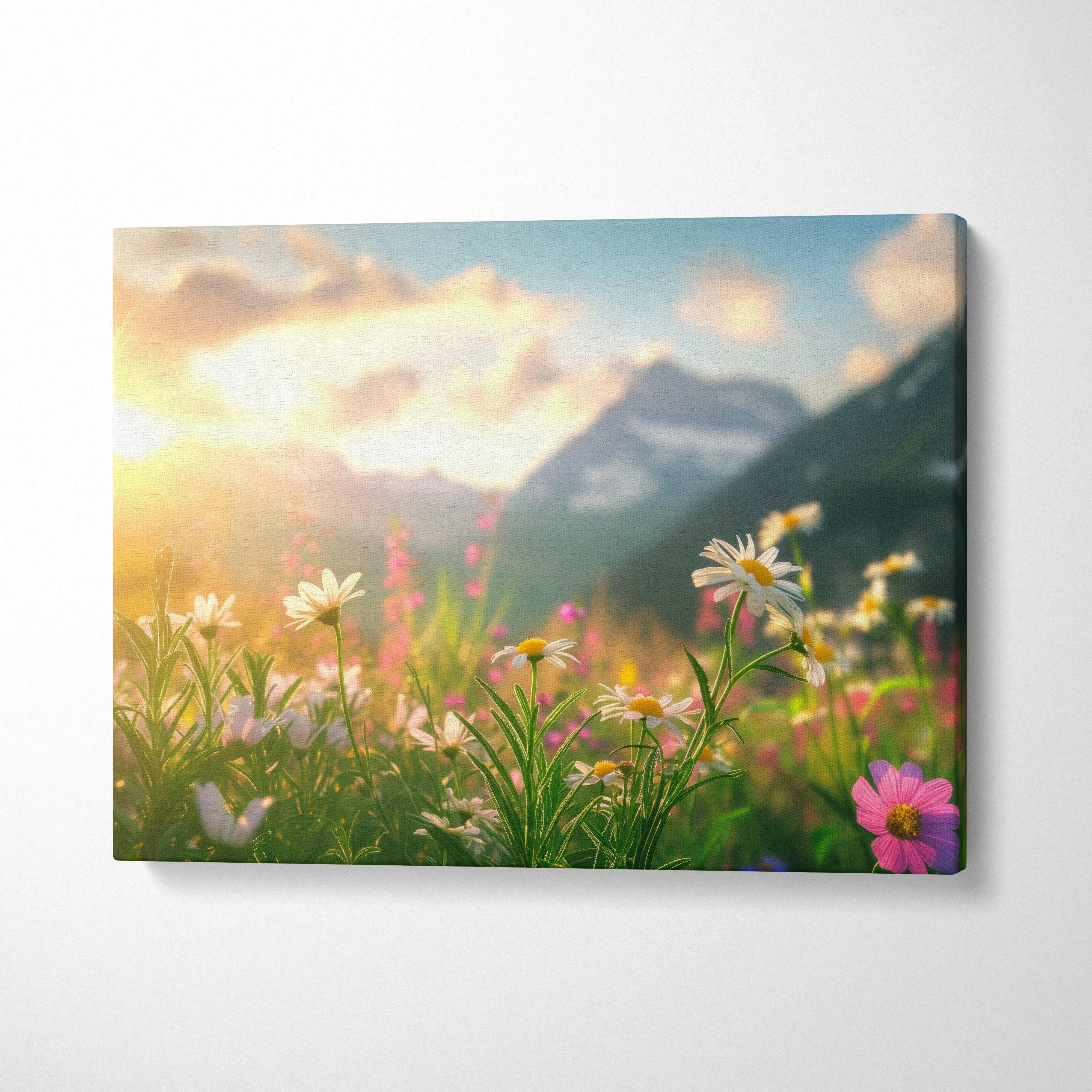 Vibrant floral canvas wall art featuring daisy flowers and colorful blooms against a sunset with majestic mountains in the.