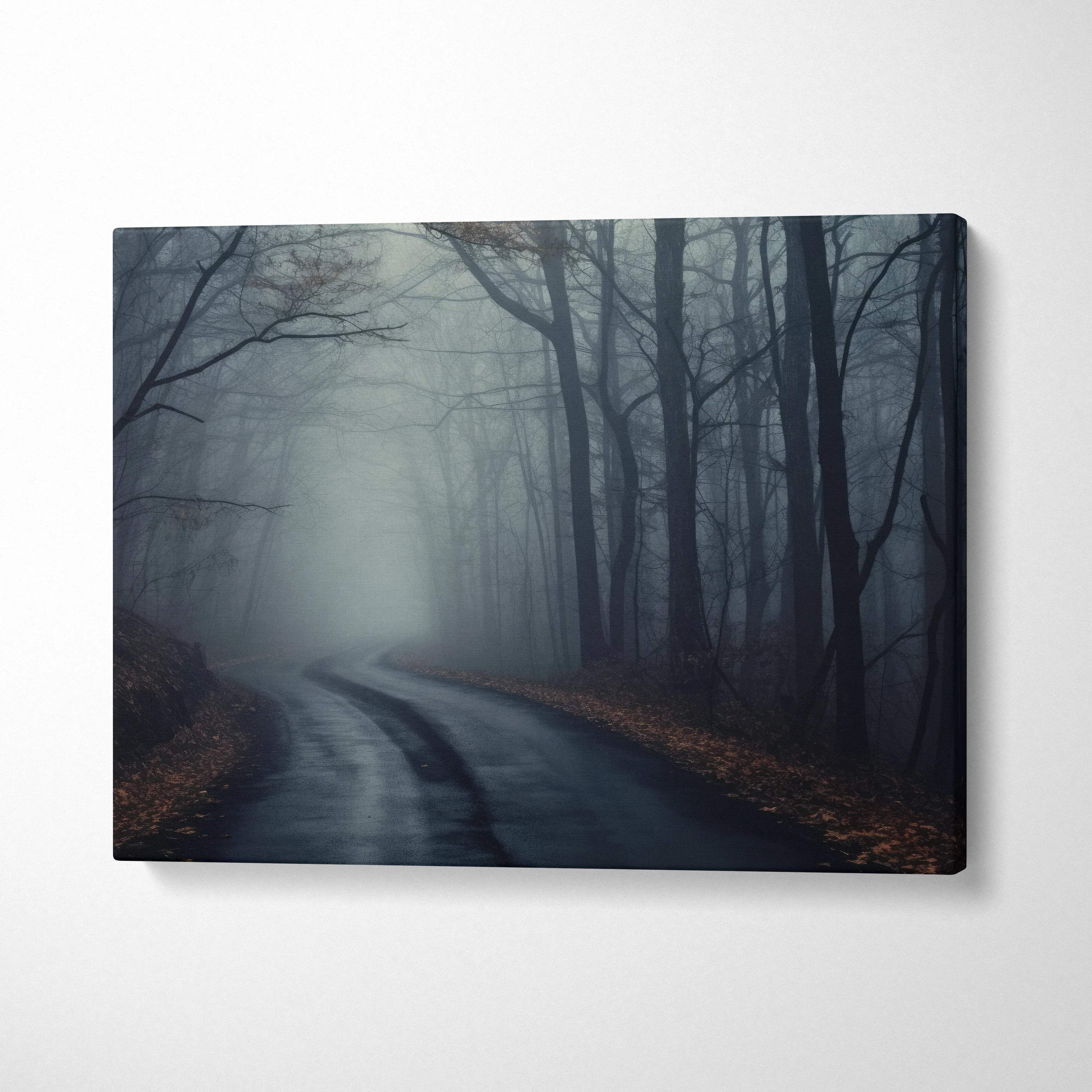 Dark foggy forest canvas wall art with layered tree silhouettes and misty path decor.
