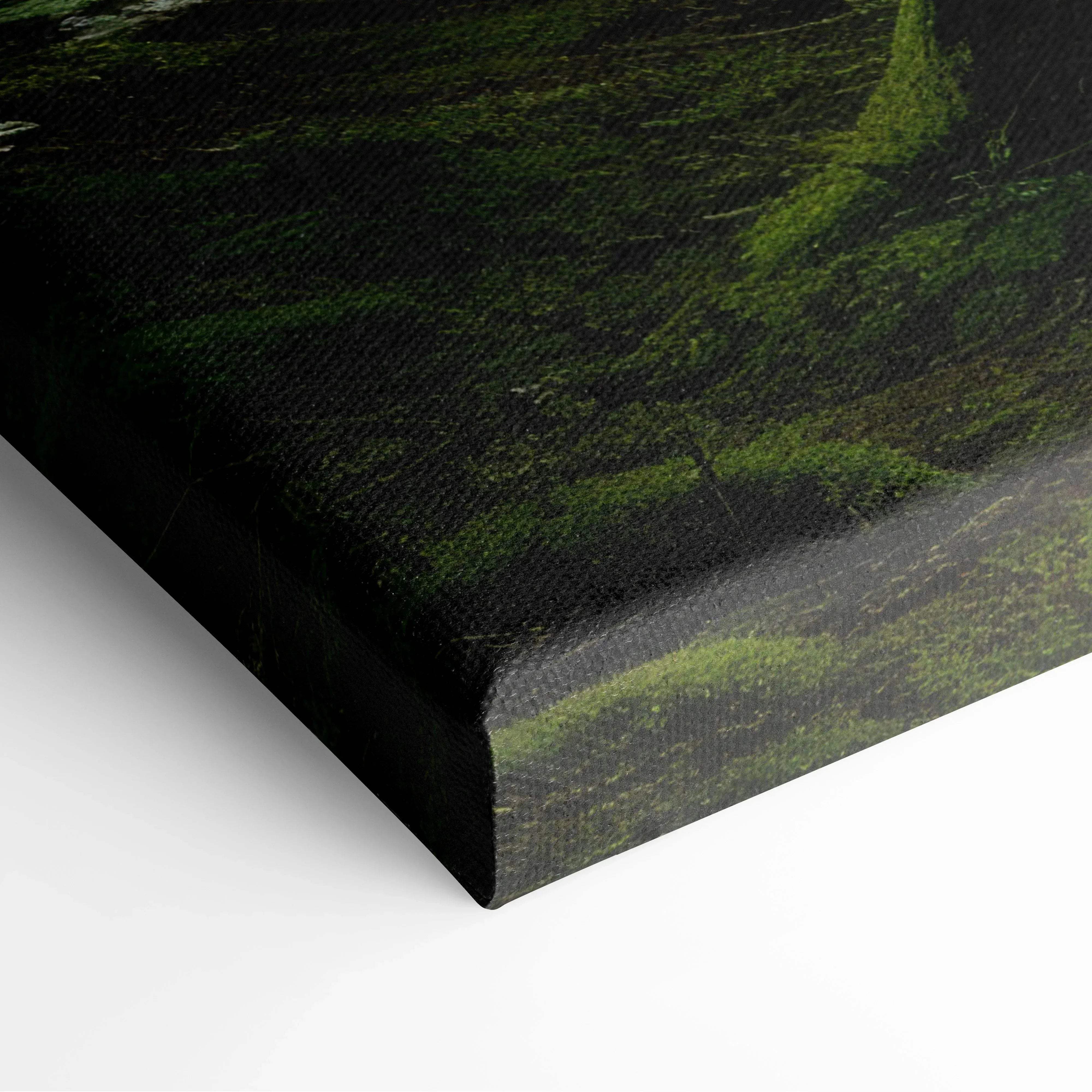 A canvas print of a forest pathway with lush moss and trees in deep green tones for serene wall art decor