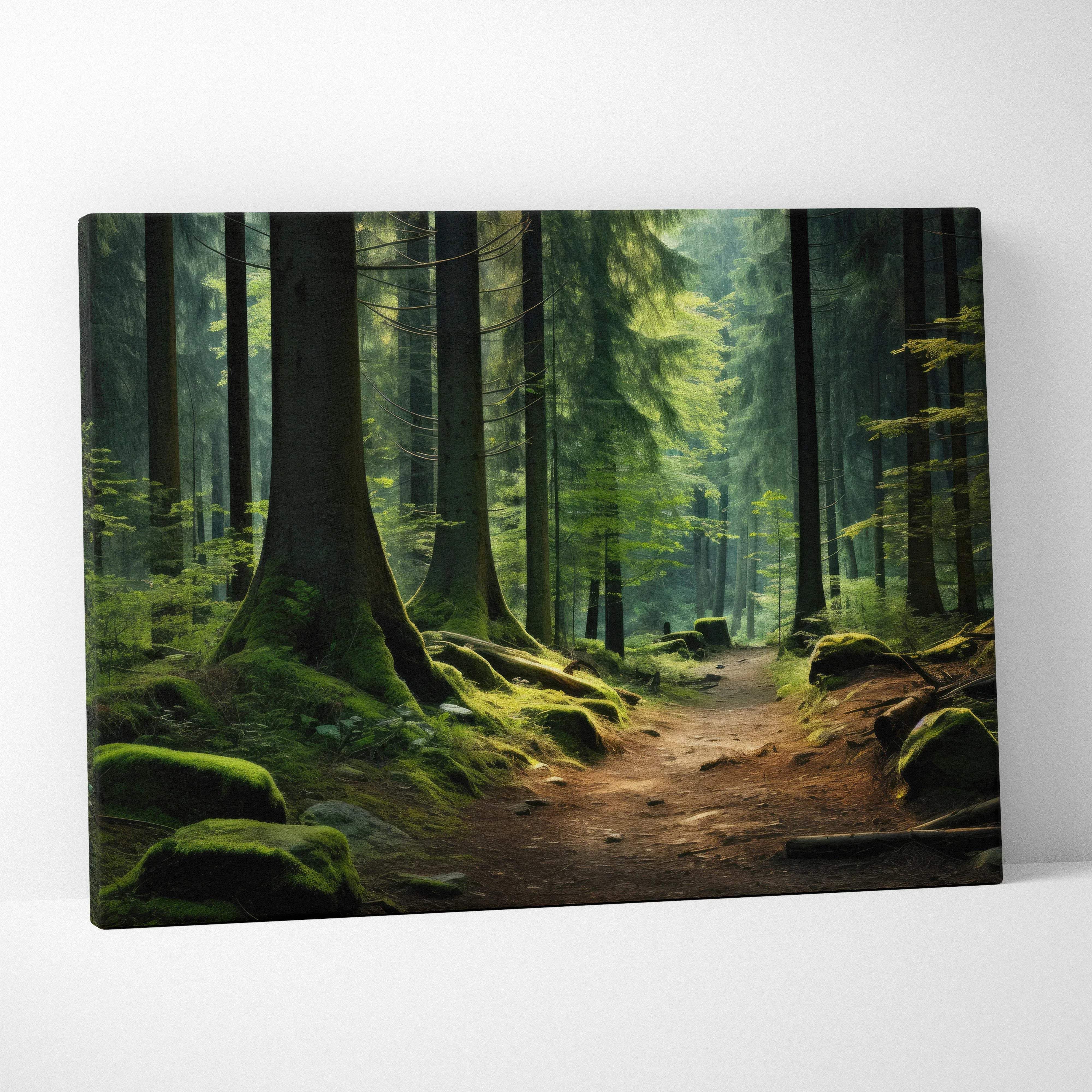 Forest pathway canvas wall art featuring tall evergreen trees moss-covered roots and rocks in a serene green nature scene