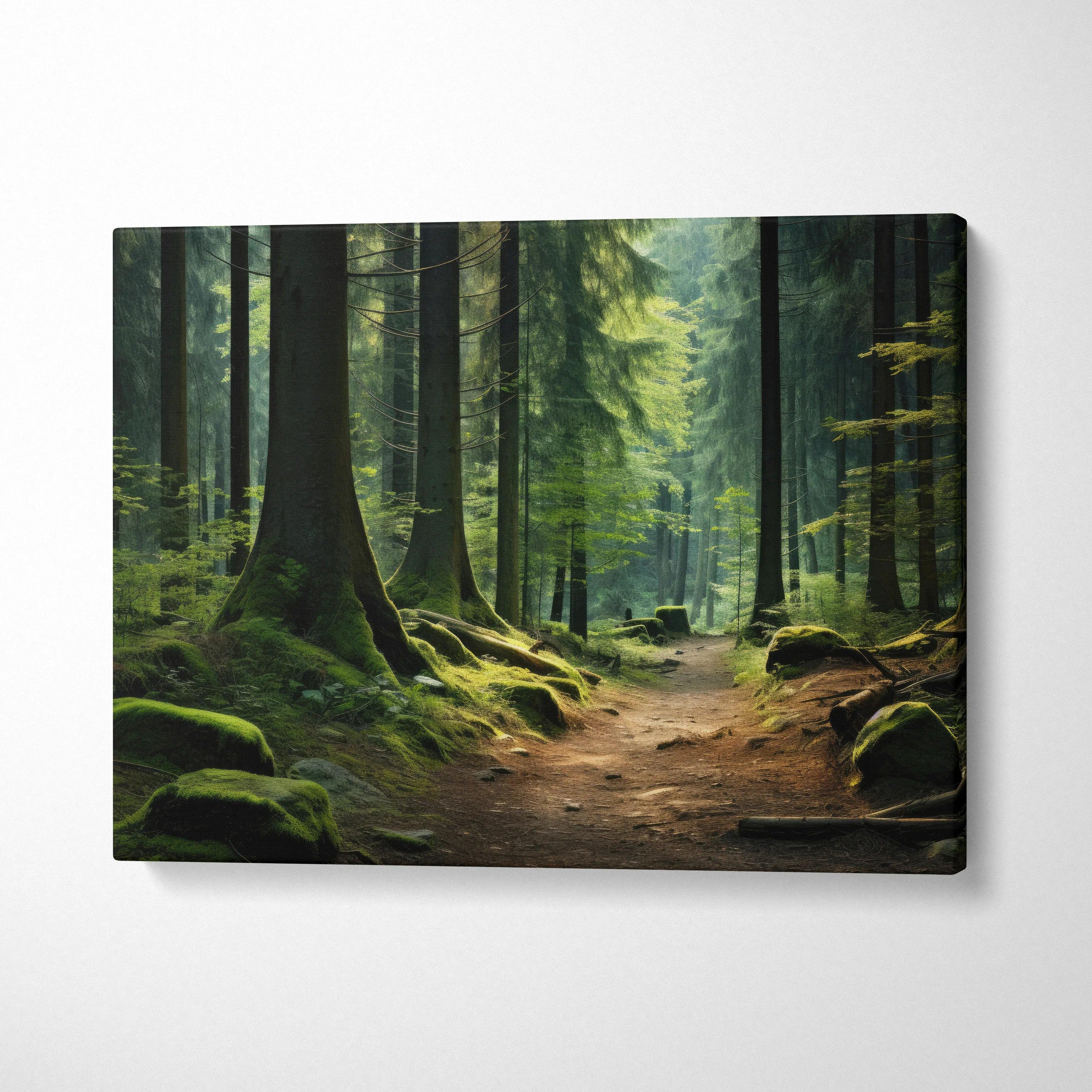 Forest trail with lush green trees and sunlight on canvas wall art decor.