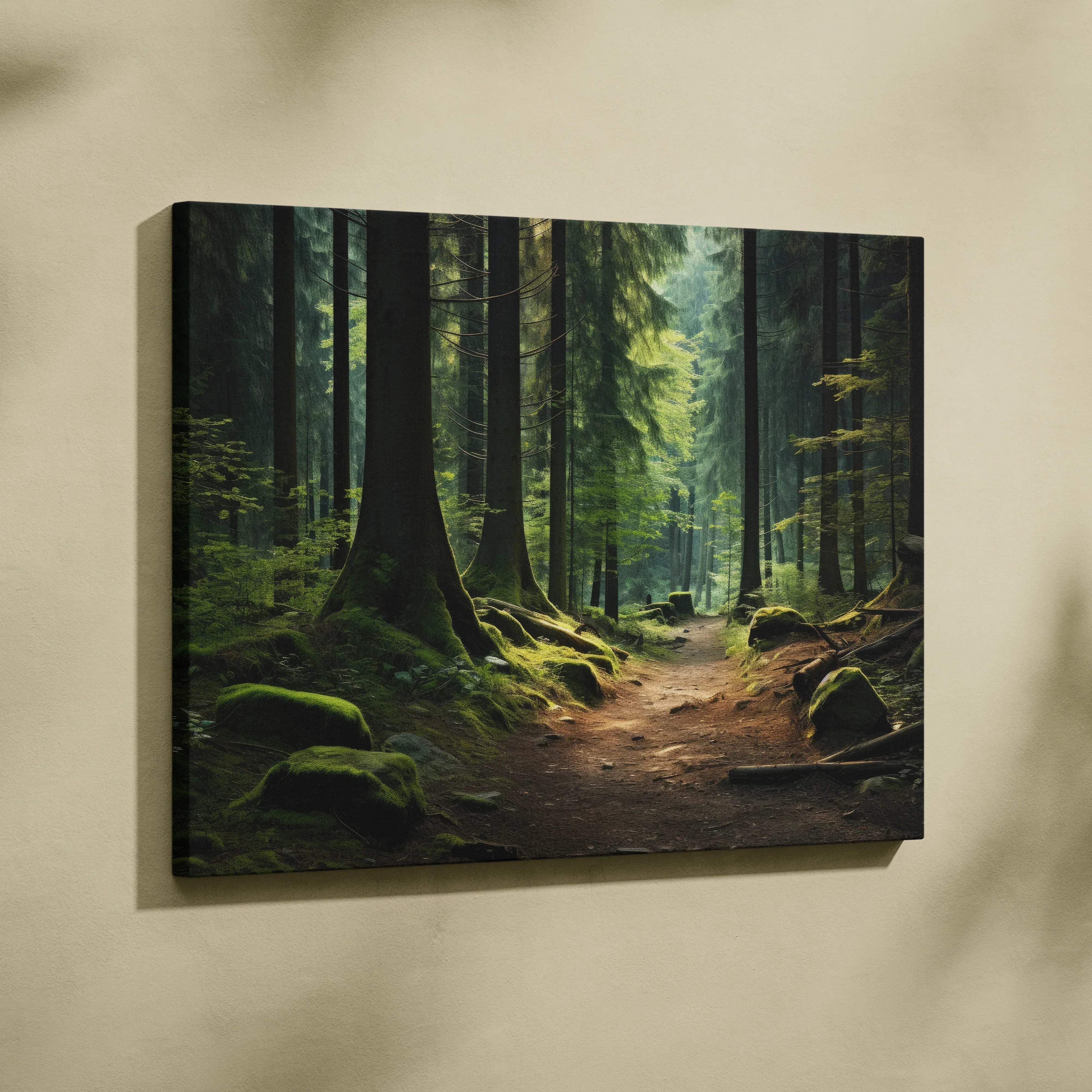 Forest pathway canvas wall art featuring tall trees moss-covered roots and rocks along a dirt path in serene green tones
