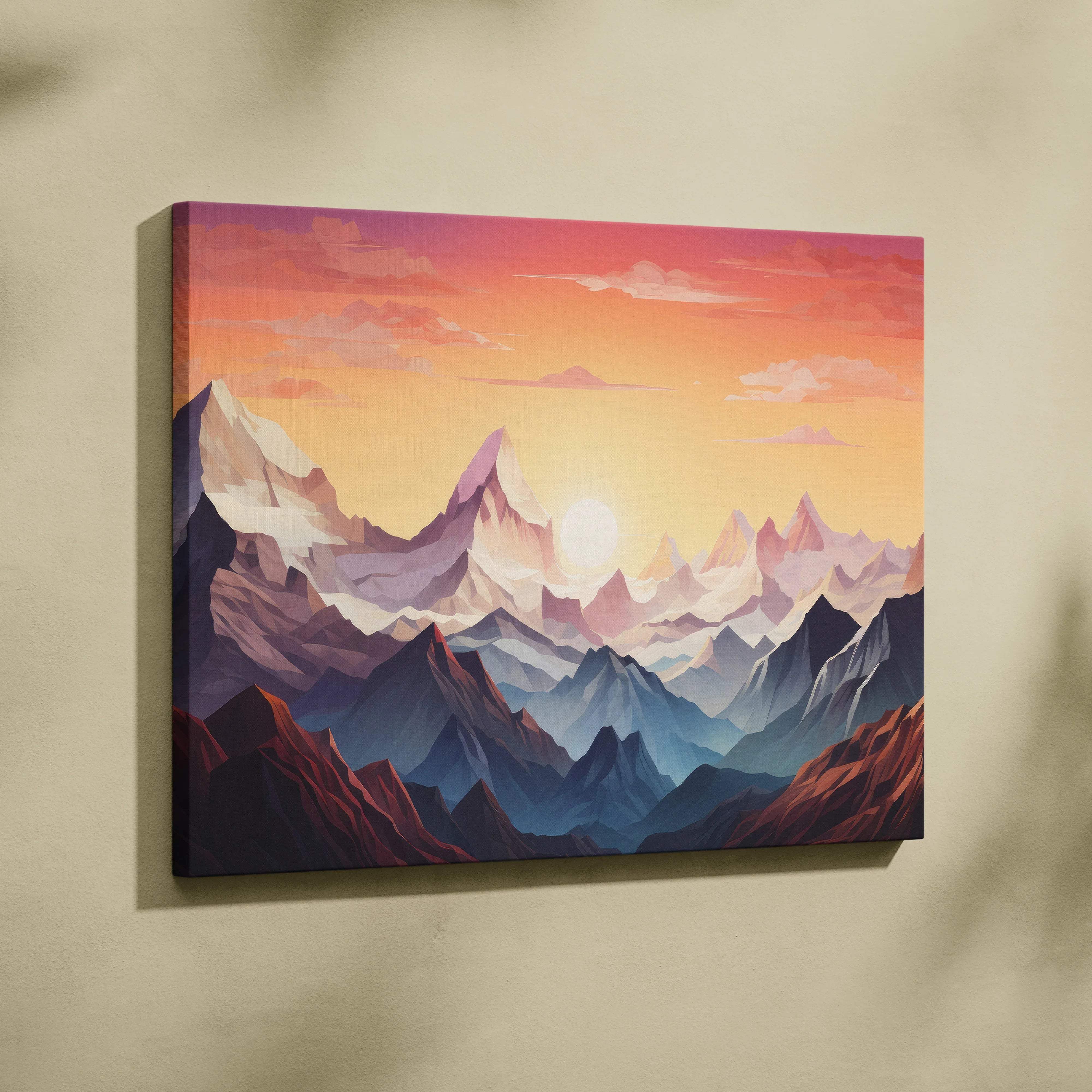 Geometric mountain landscape canvas wall art with sunset peaks