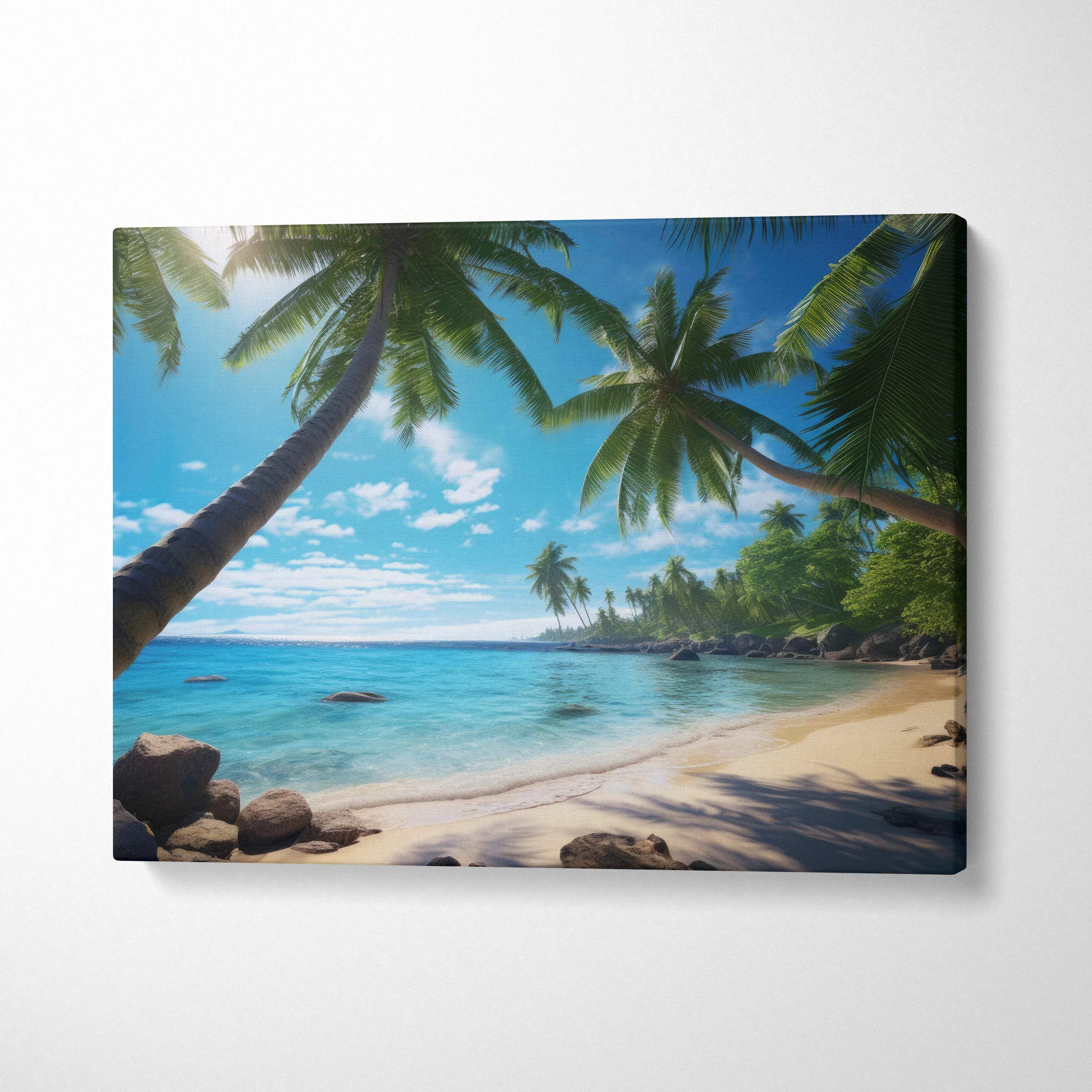 Vibrant canvas print of turquoise beach waters, palm trees over sandy shore