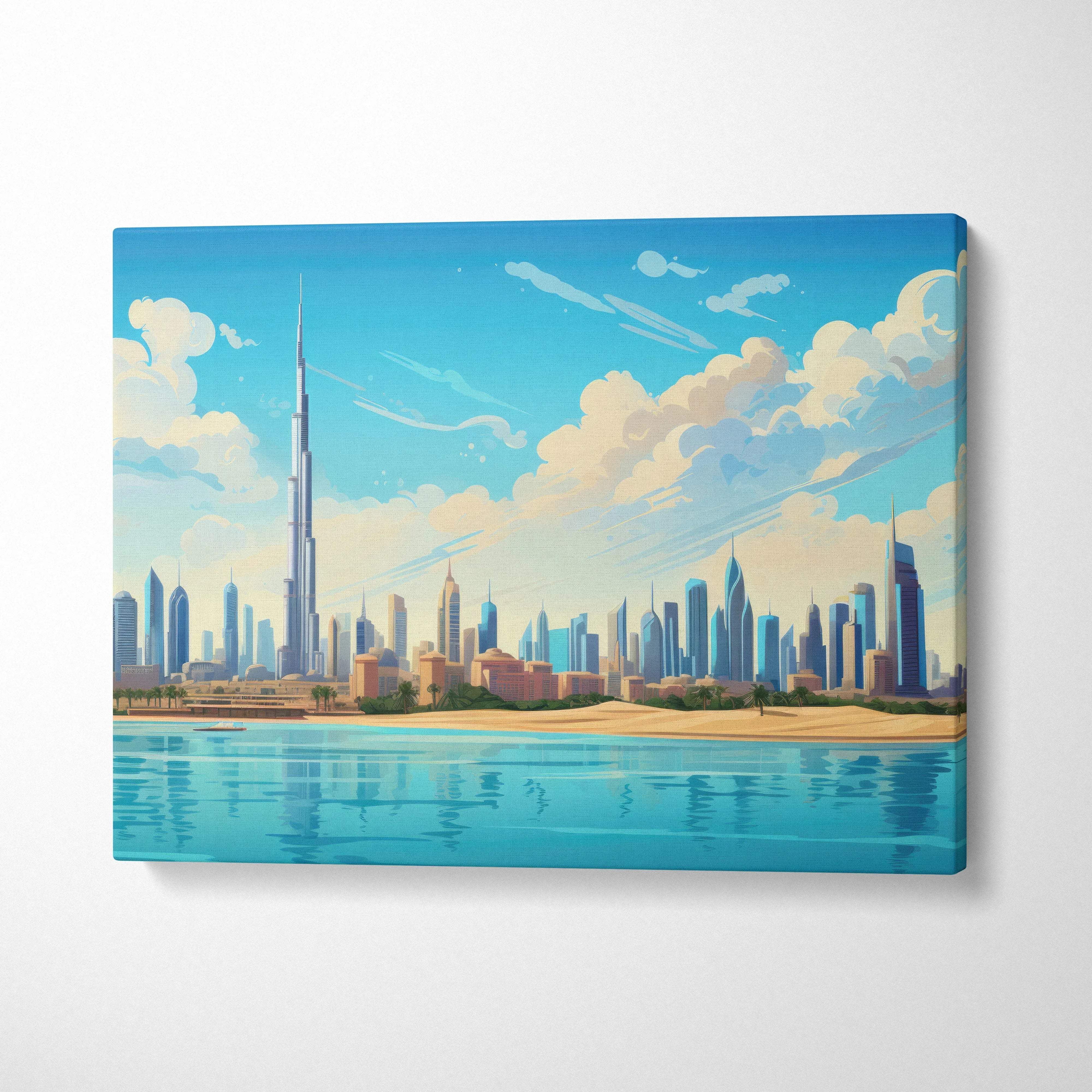 Vibrant Dubai skyline canvas art with bright blue skies, clouds and turquoise water