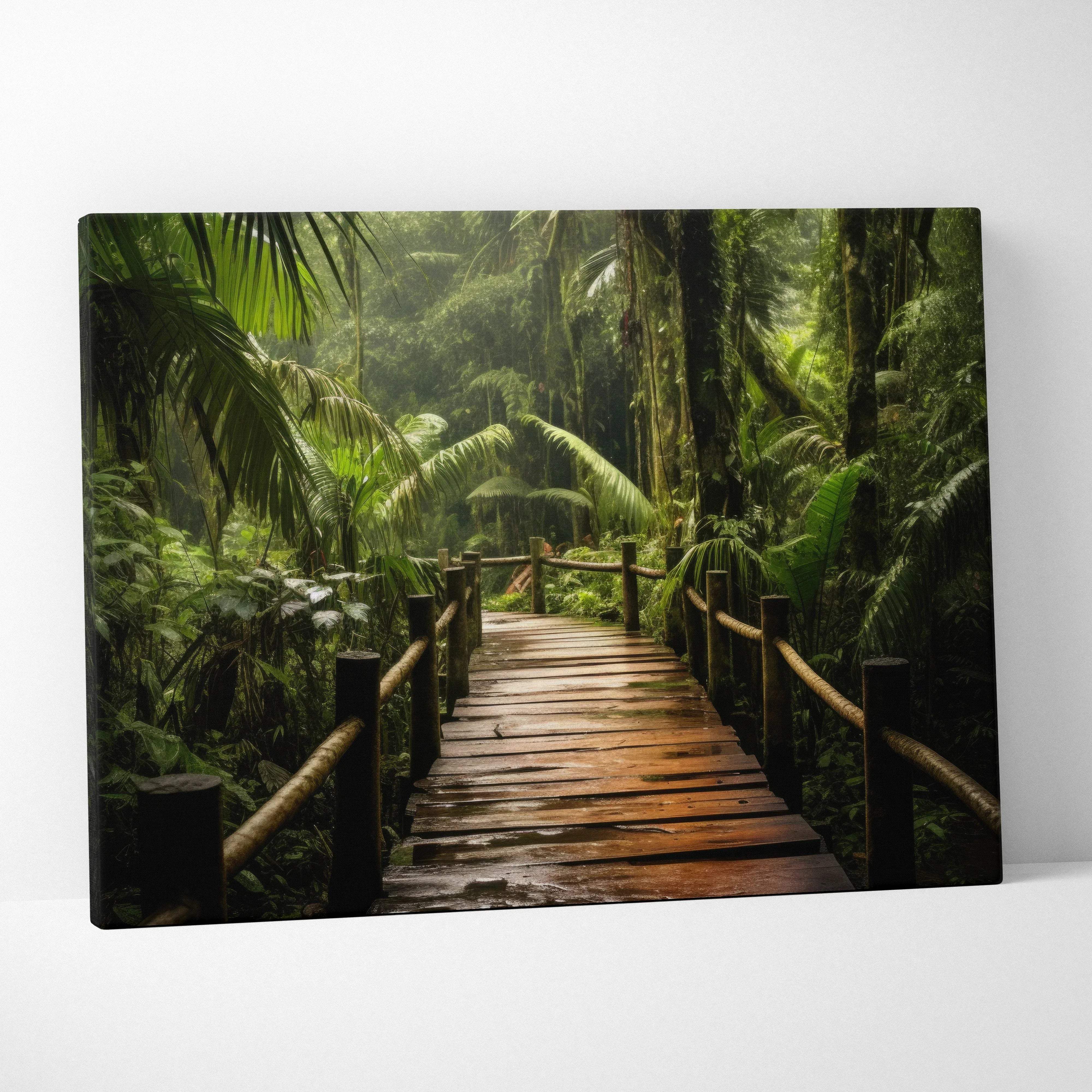 Rectangular canvas print of a wooden boardwalk through lush green tropical foliage for nature wall art