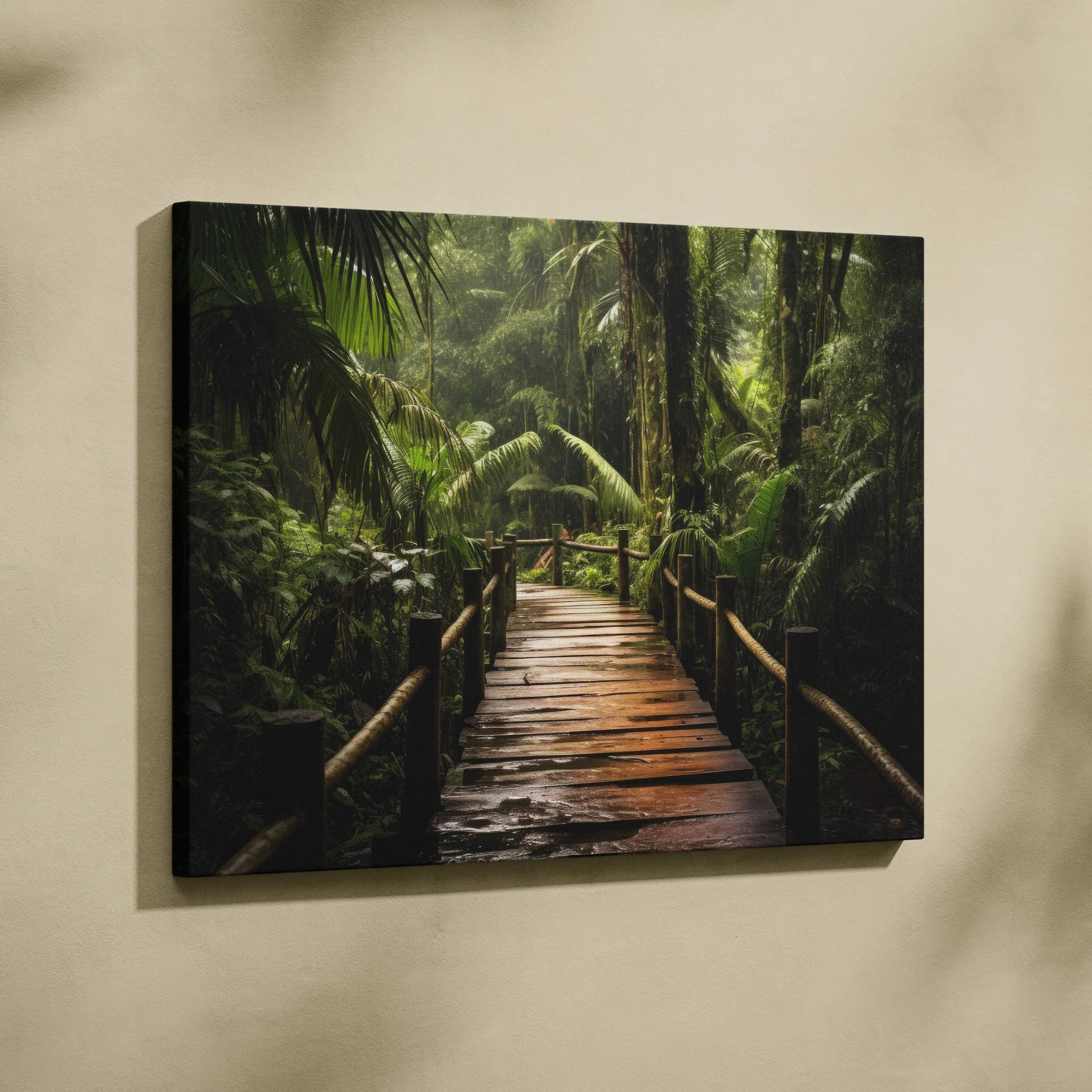 Canvas print featuring a wooden bridge winding through lush green jungle foliage in verdant green serenity
