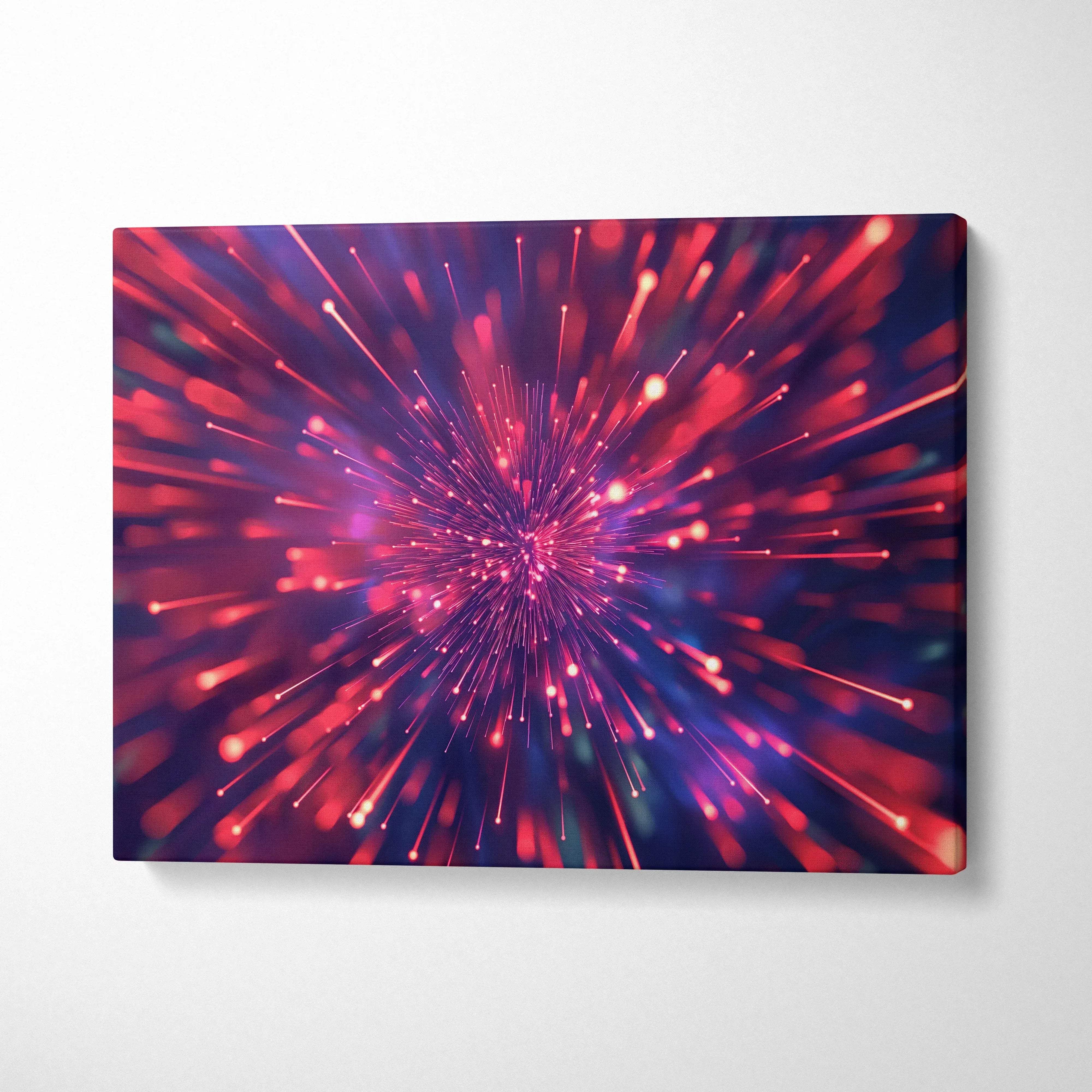 Vibrant abstract digital canvas art with dynamic red and purple light streaks burst on wall art canvas.