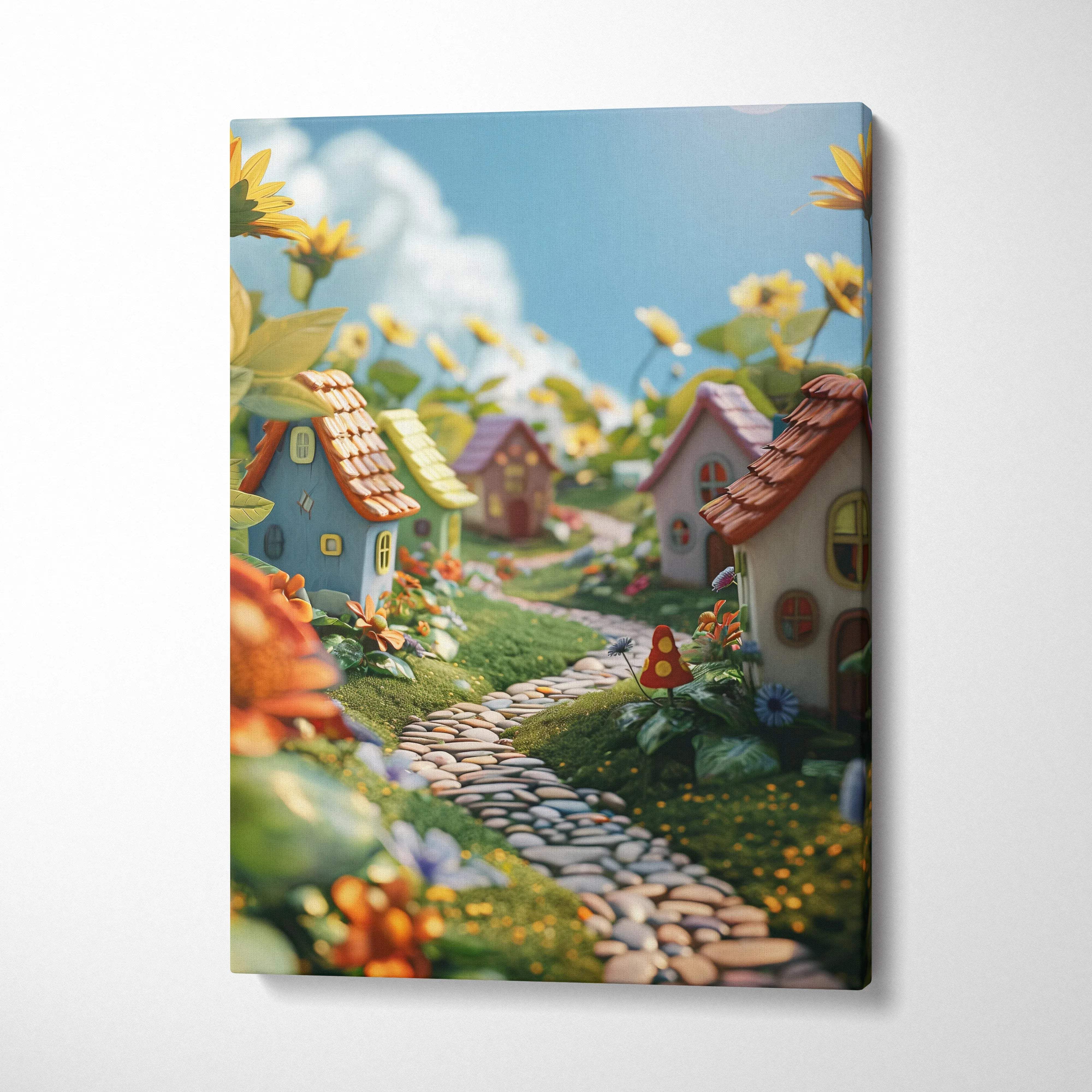 Whimsical canvas wall art of fairy tale village in colorful dreamscape