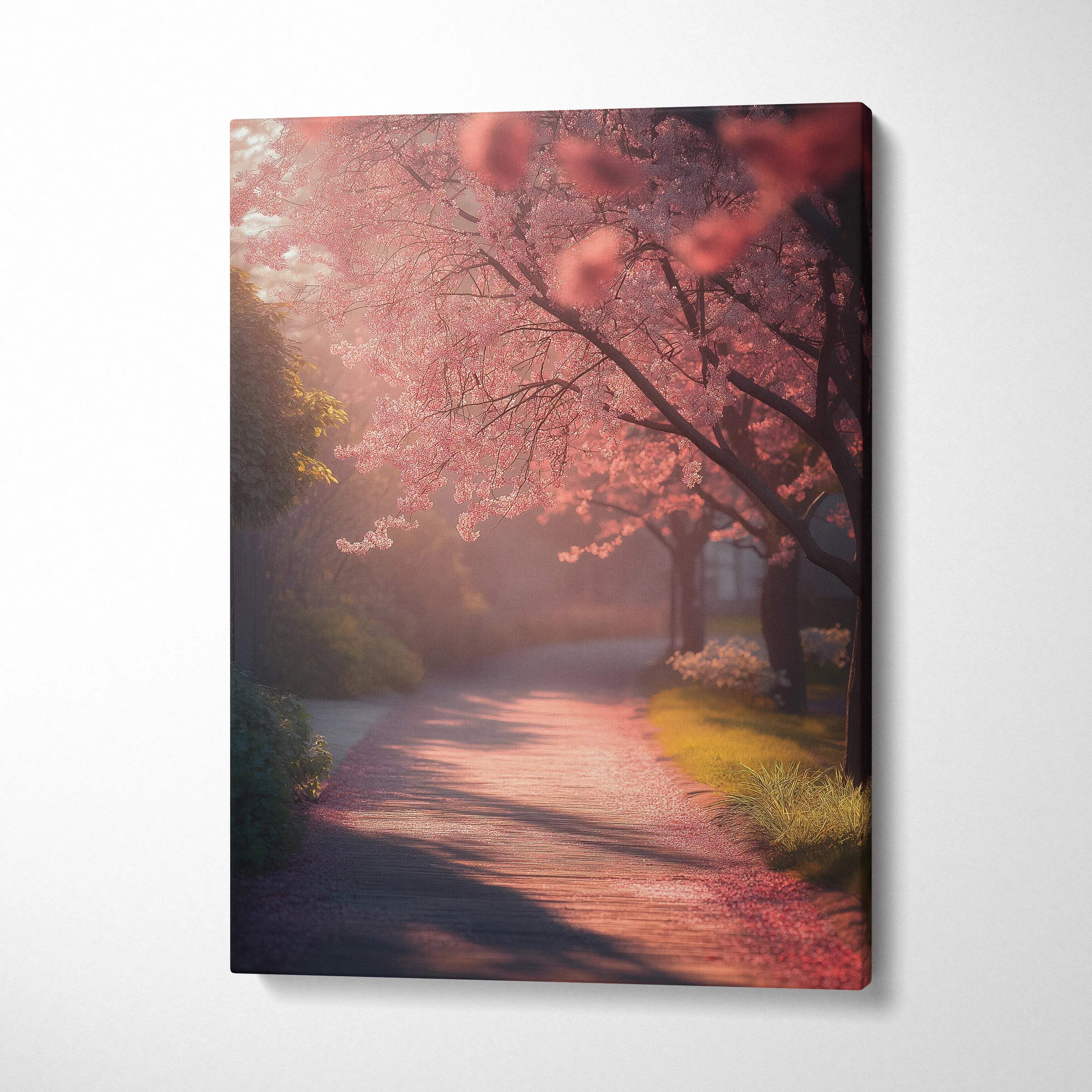 Canvas wall art of romantic cherry blossom path in park at soft pink sunset