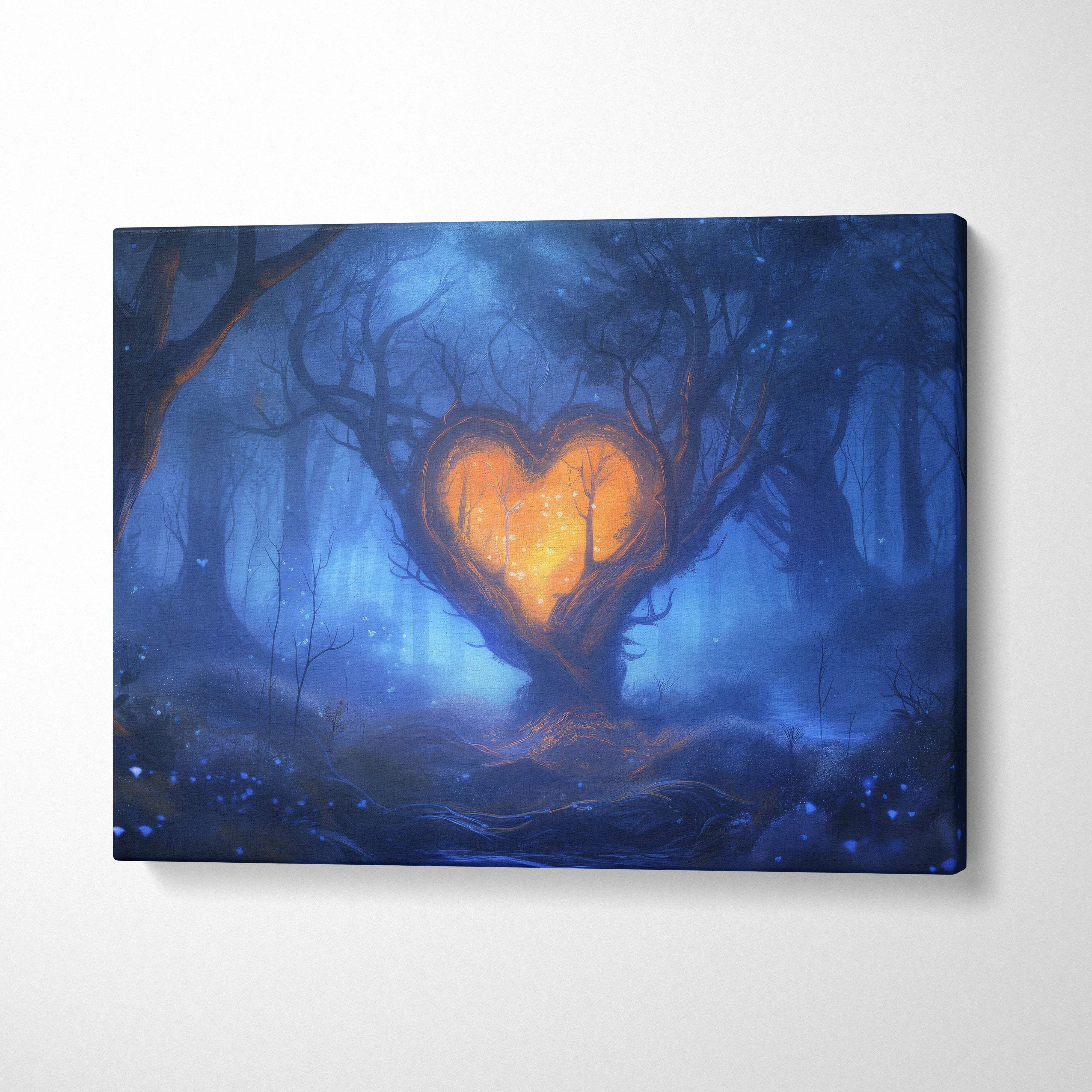 Glowing orange heart tree canvas art in misty blue fantasy forest