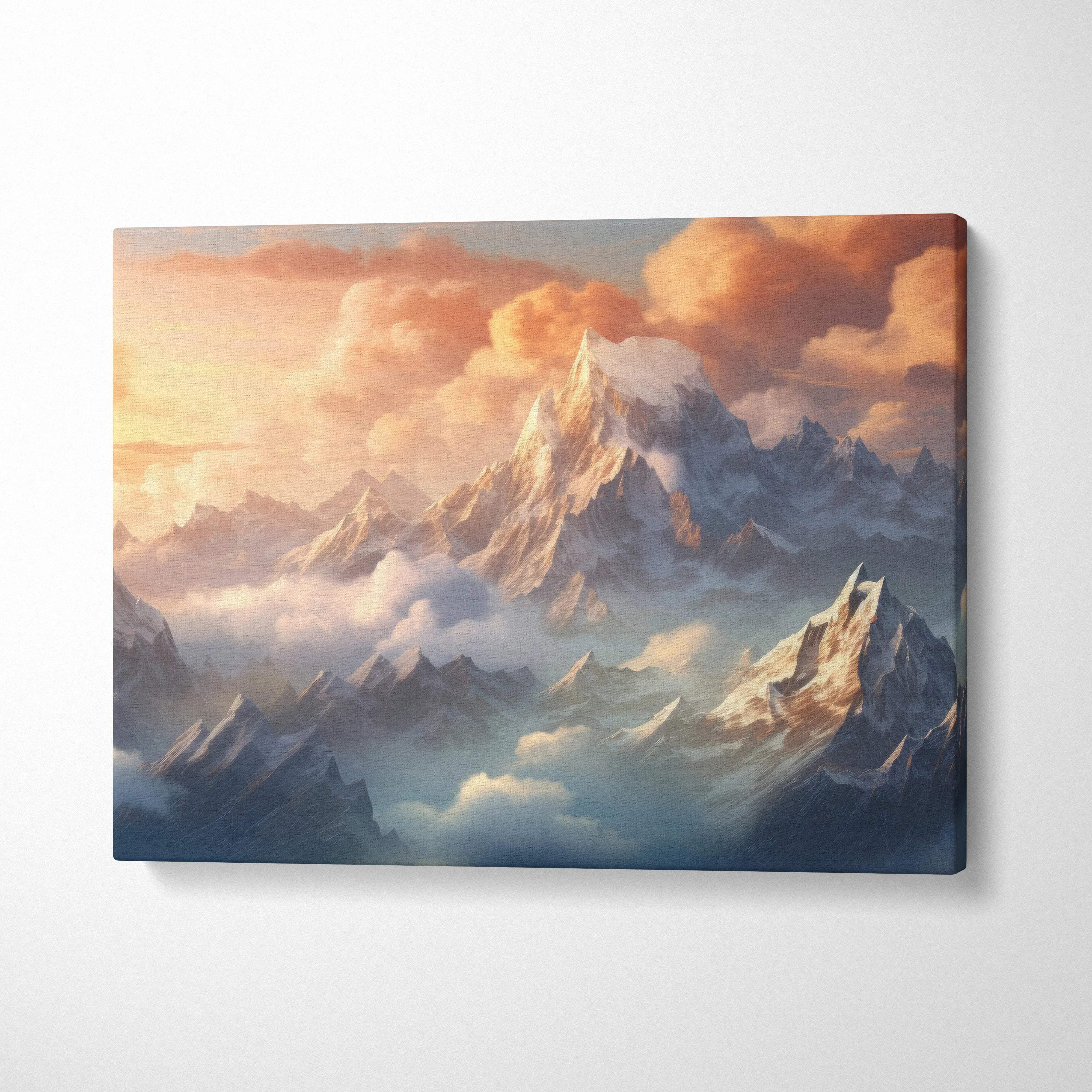 Canvas print of fantasy mountain landscape at sunset golden hour
