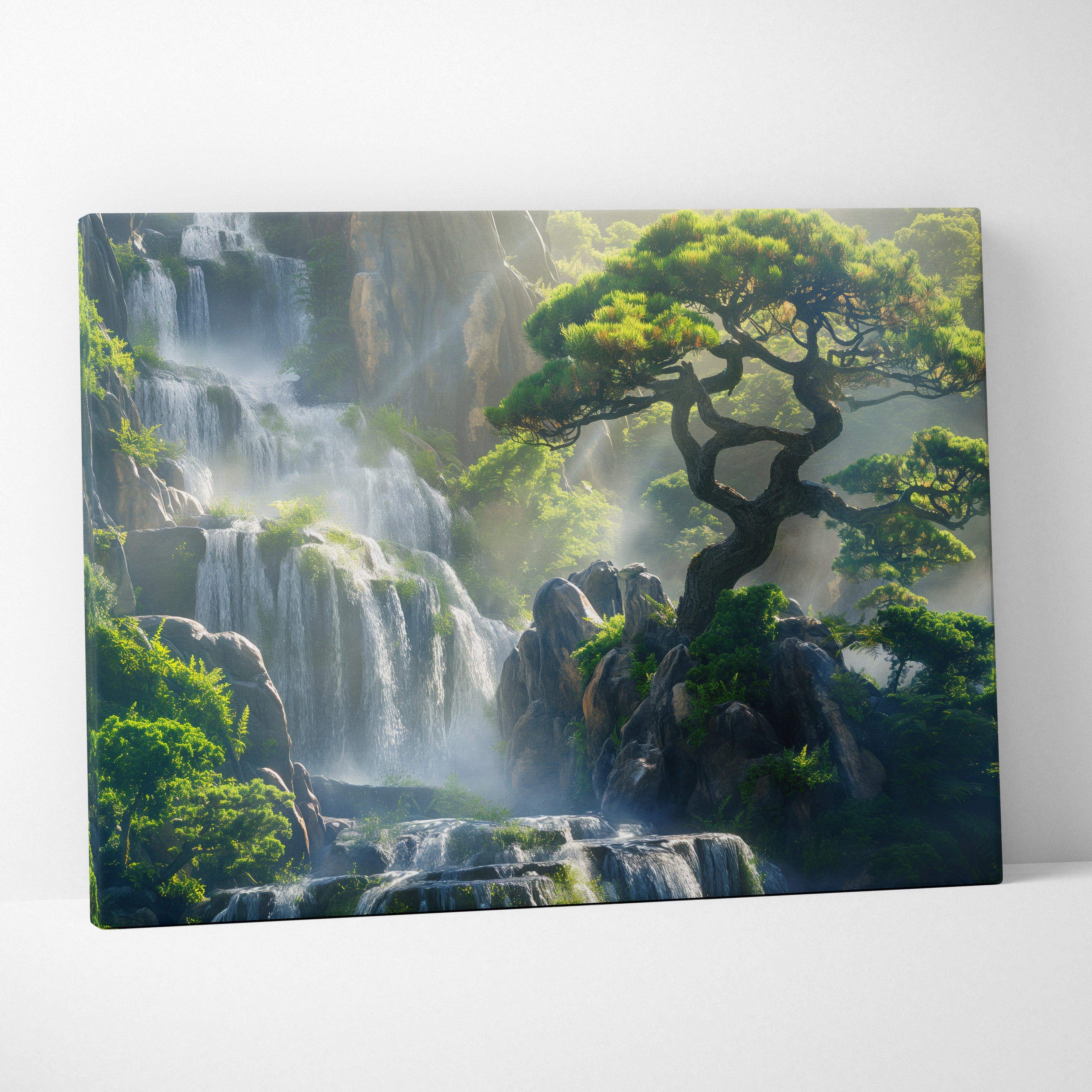 A rectangular canvas wall art of a serene japanese inspired waterfall with lush green tones and a pine tree foreground