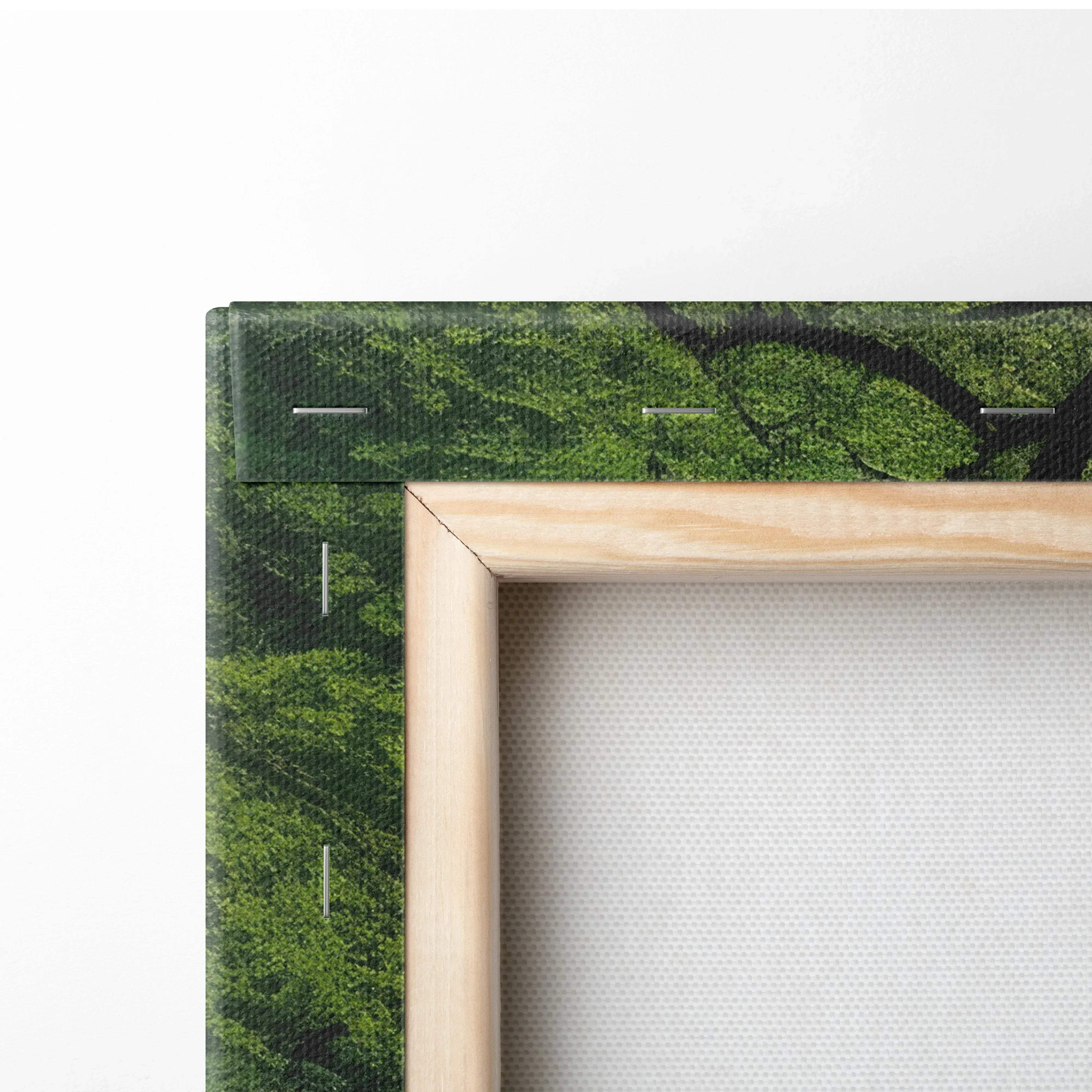 Light wood-framed canvas print featuring an enchanted forest bridge amid mossy trees with tranquil green tones